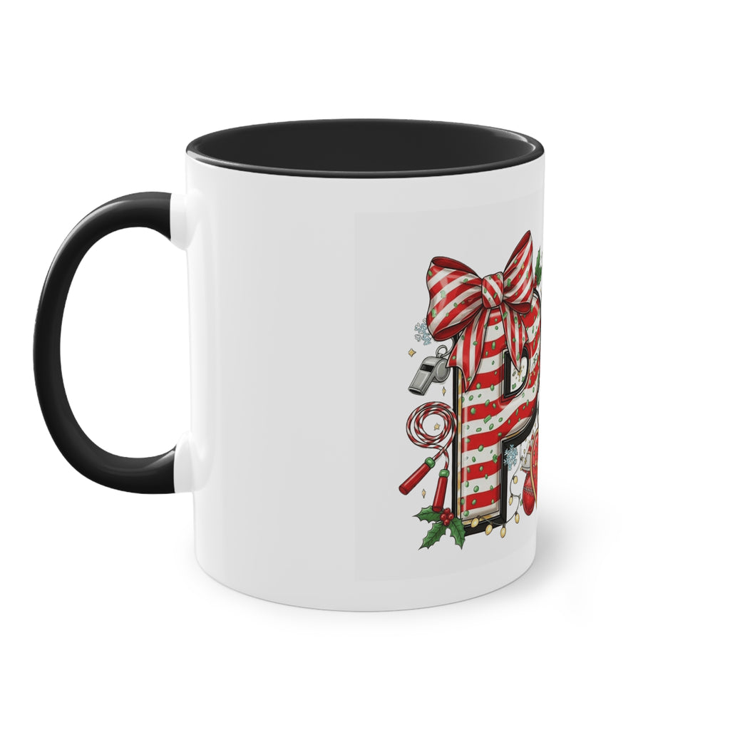 Holiday Sports Mom Coffee Mug Festive 'PE' Candy-Stripe Design, 11oz Two-Tone School Staff Christmas Mug Collection,