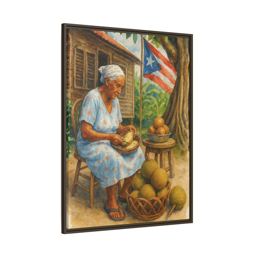 Cultural & Story-Driven These Puerto Rico inspired  Framed Matte Canvas Print  Woman Shelling Fruit Vintage Tropical Painting