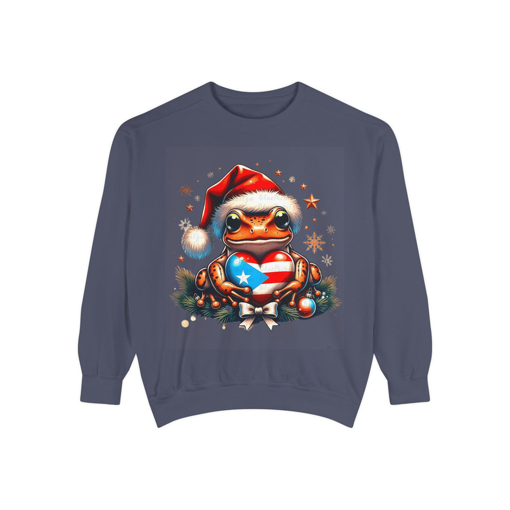 Christmas Coqui Sweatshirt — Cute Santa Frog Holding Ornament Holiday Sweater