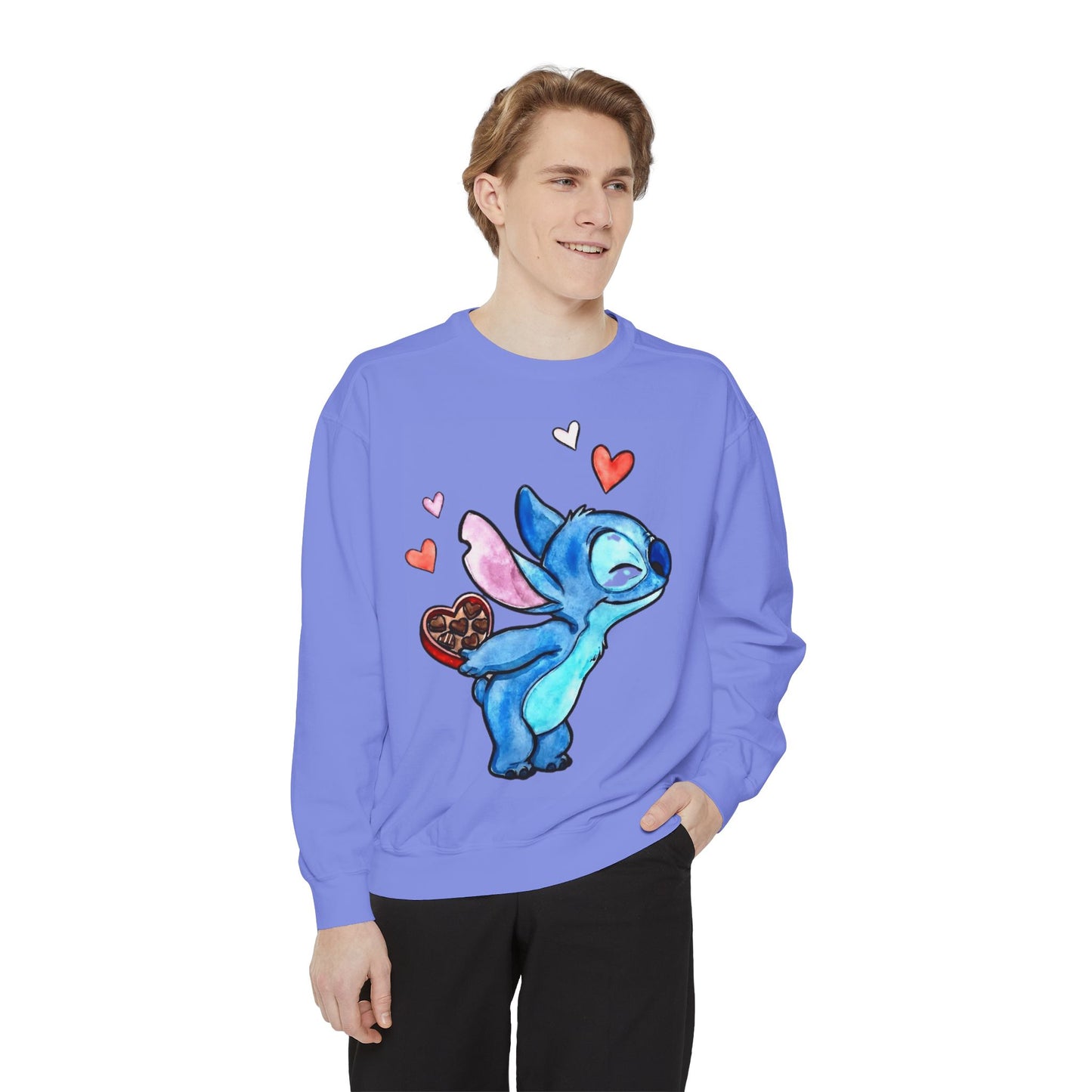 Stitch Valentine Sweatshirt — Cute Blue Alien with Hearts & Chocolate Pocket