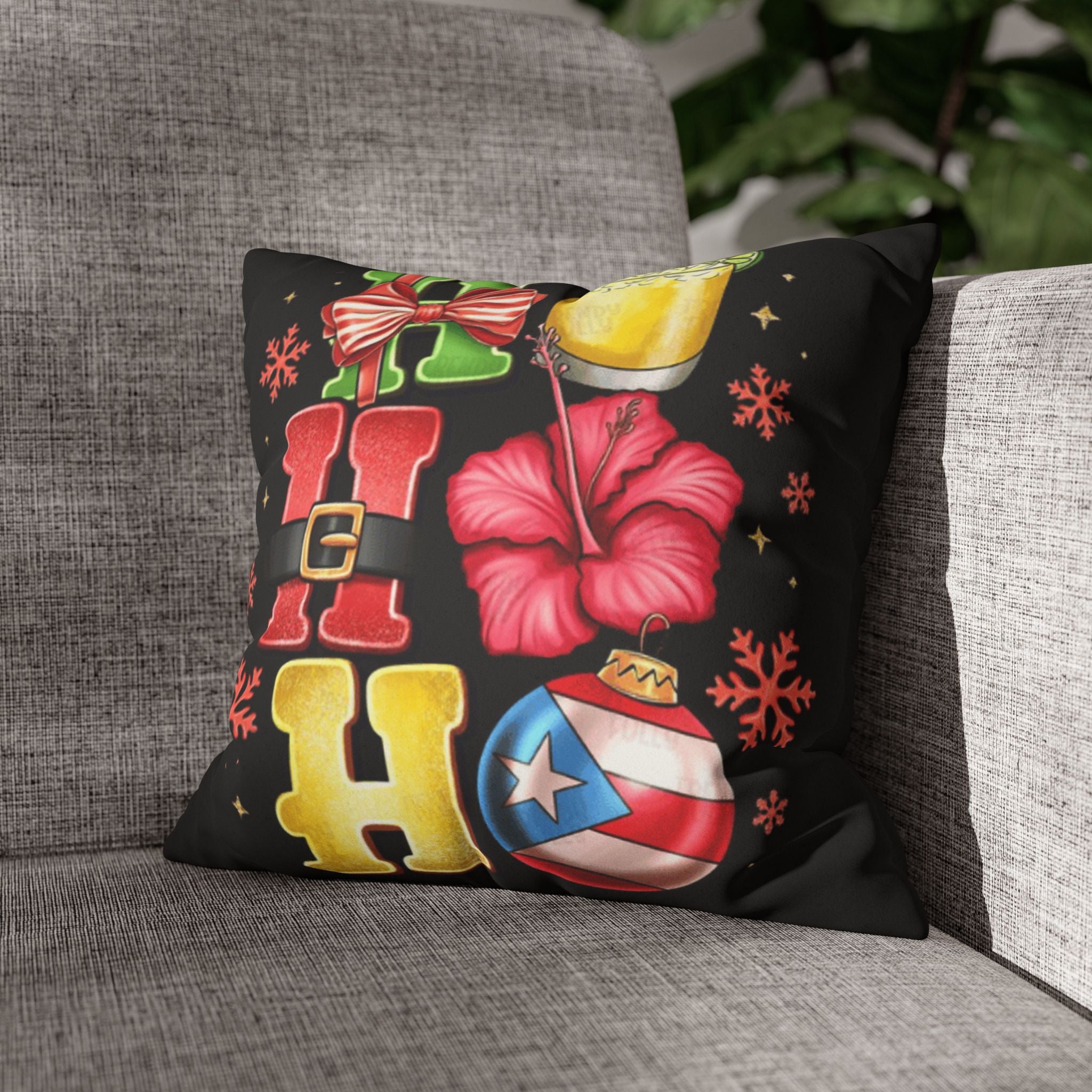 Holiday HOHO Pillow Cover  Puerto Rico Ornament, Hibiscus & Coquito Christmas Throw Pillowcase