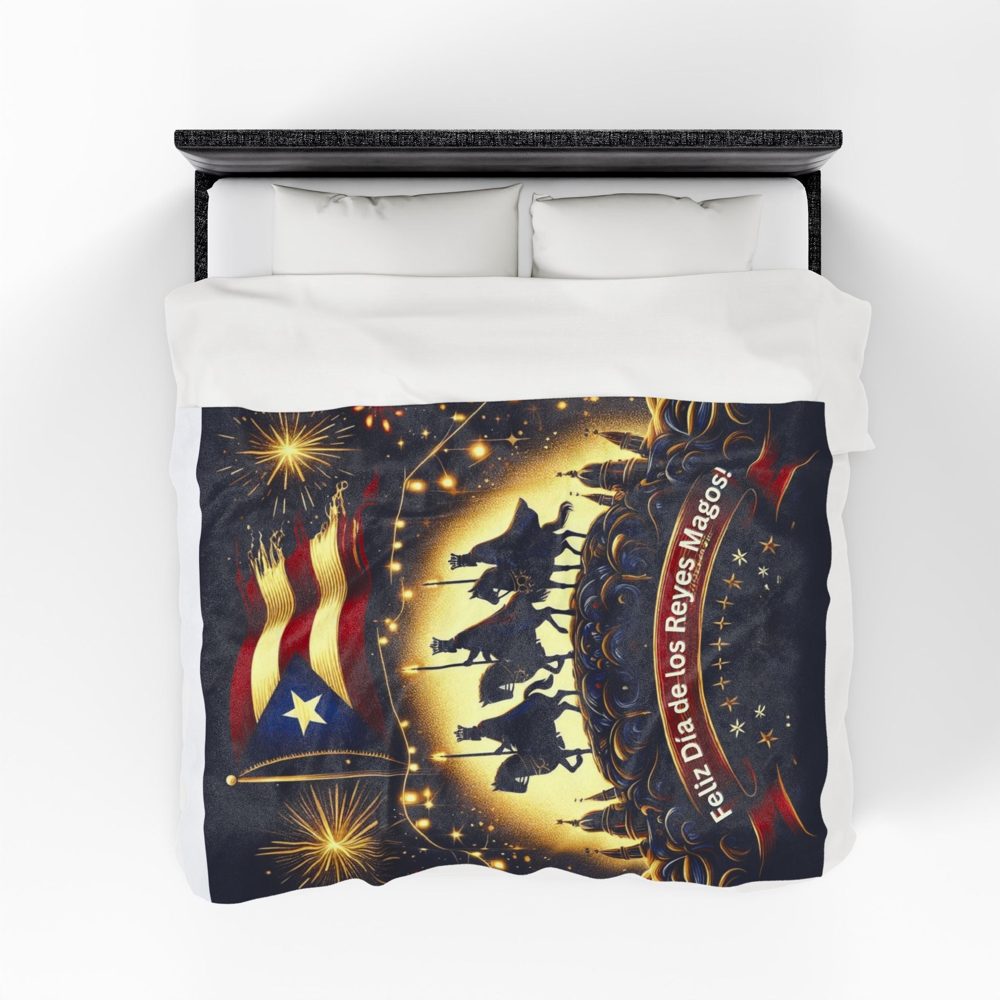 Velveteen Plush Blanket  Feliz Día de los Reyes Magos Puerto Rico Flag Holiday Throw