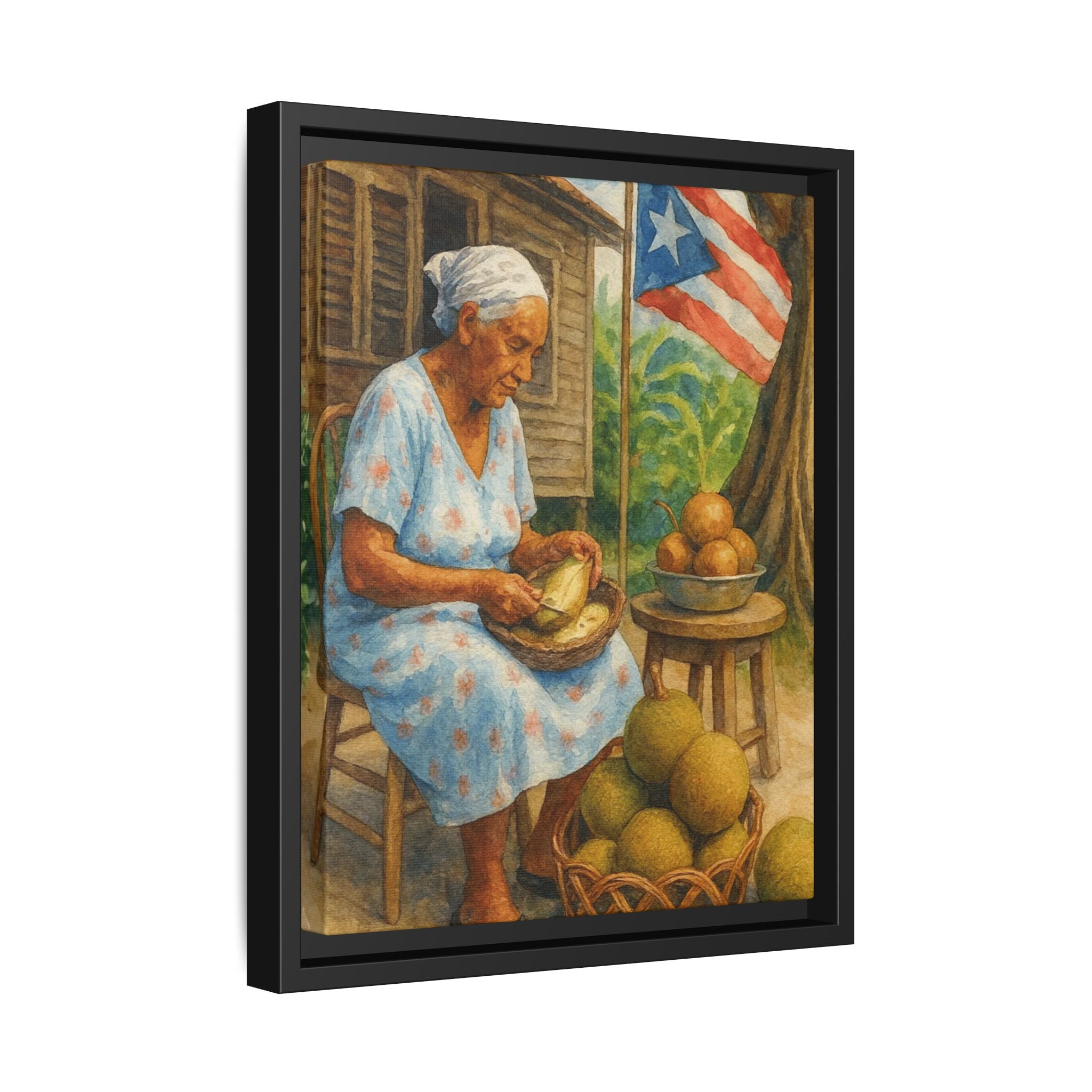 Cultural & Story-Driven These Puerto Rico inspired  Framed Matte Canvas Print  Woman Shelling Fruit Vintage Tropical Painting