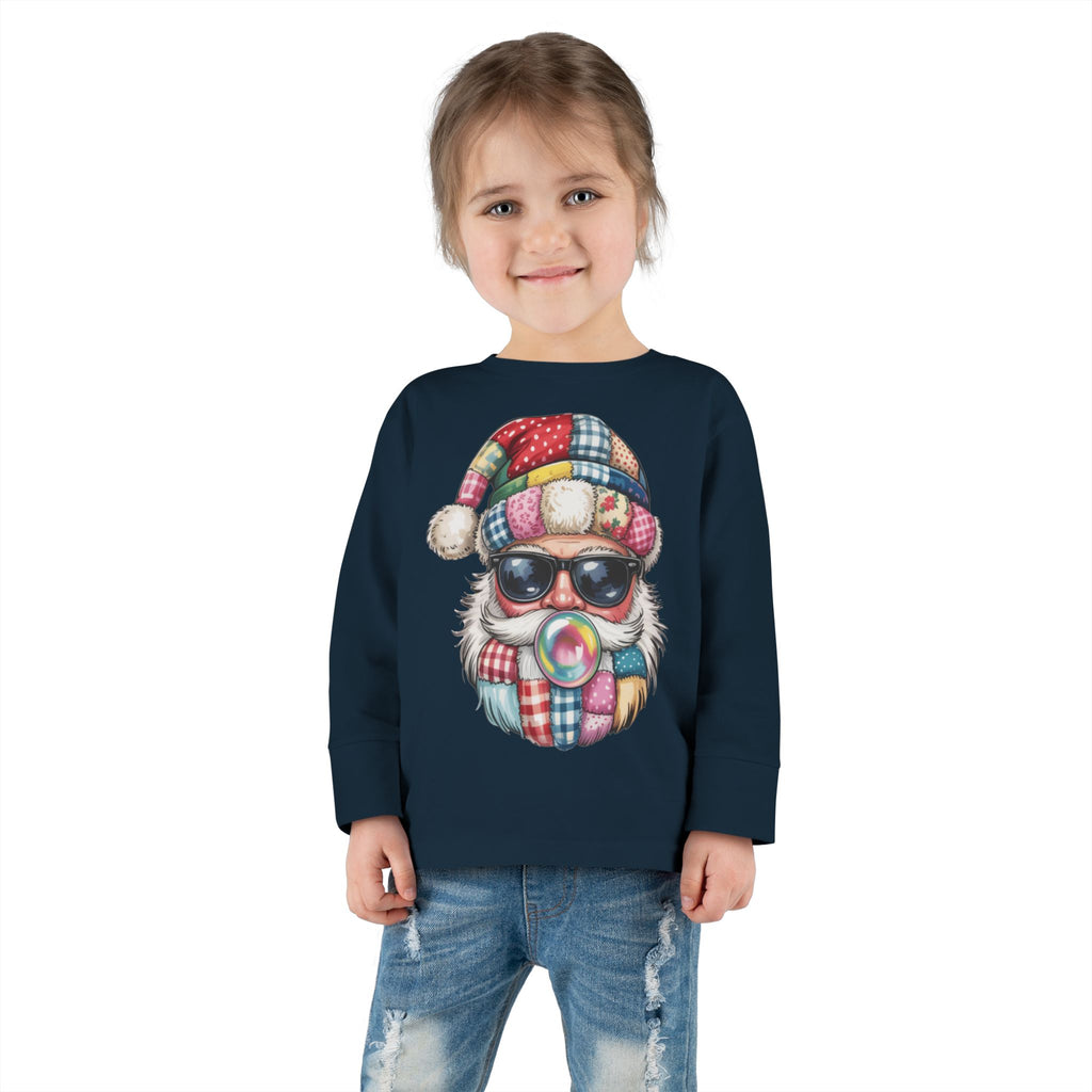 Toddler Long Sleeve Tee  Cool Santa with Patchwork Hat & Bubblegum Graphic