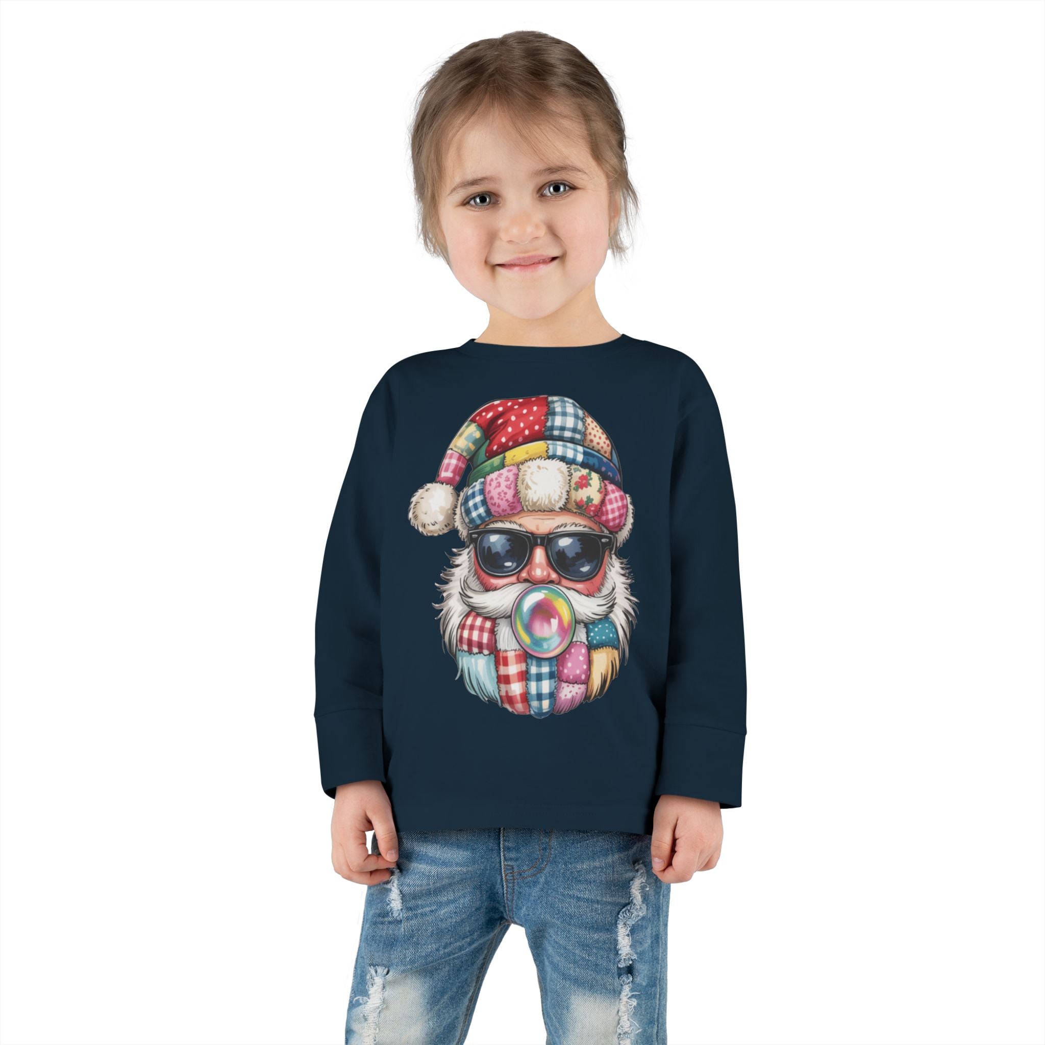 Toddler Long Sleeve Tee  Cool Santa with Patchwork Hat & Bubblegum Graphic