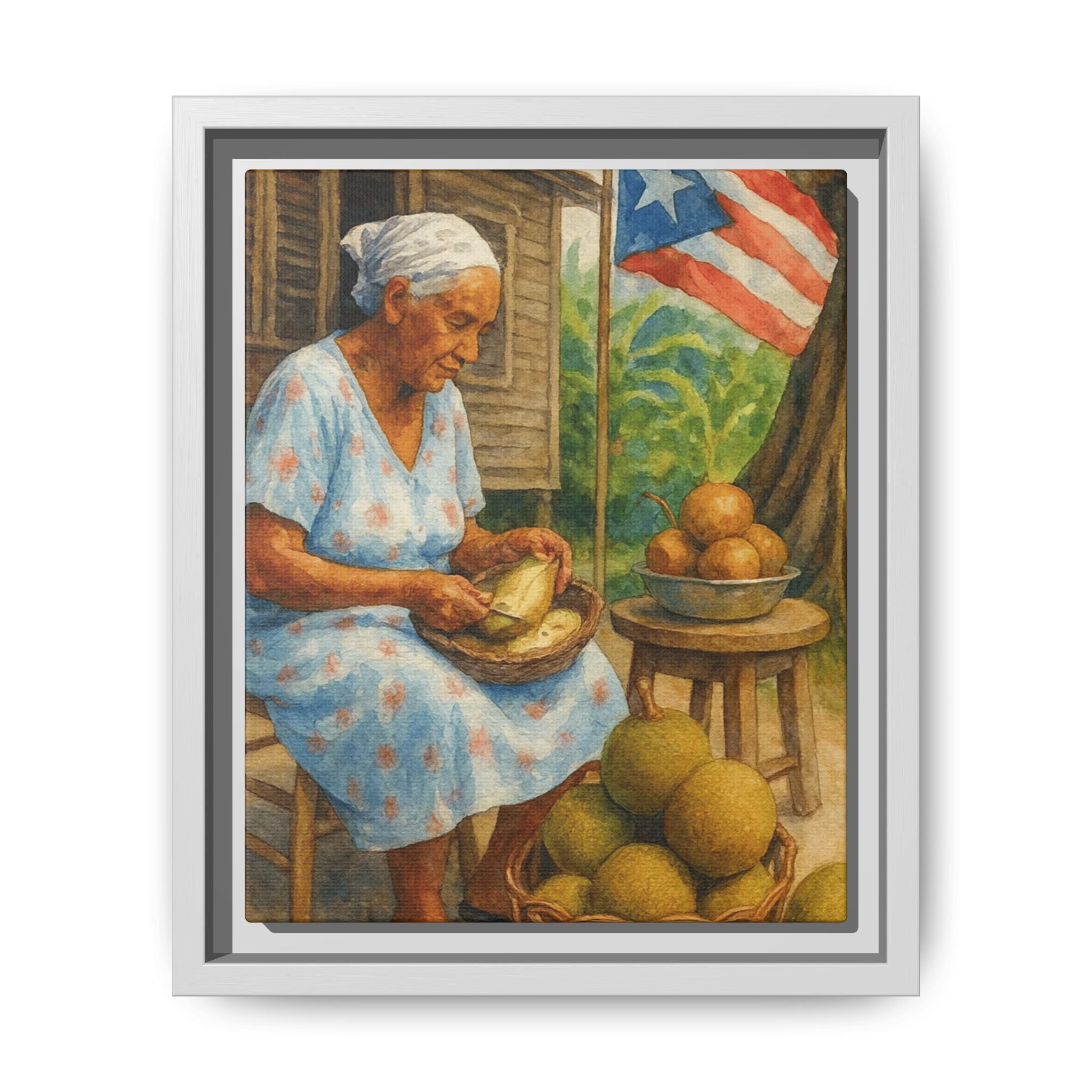 Cultural & Story-Driven These Puerto Rico inspired  Framed Matte Canvas Print  Woman Shelling Fruit Vintage Tropical Painting