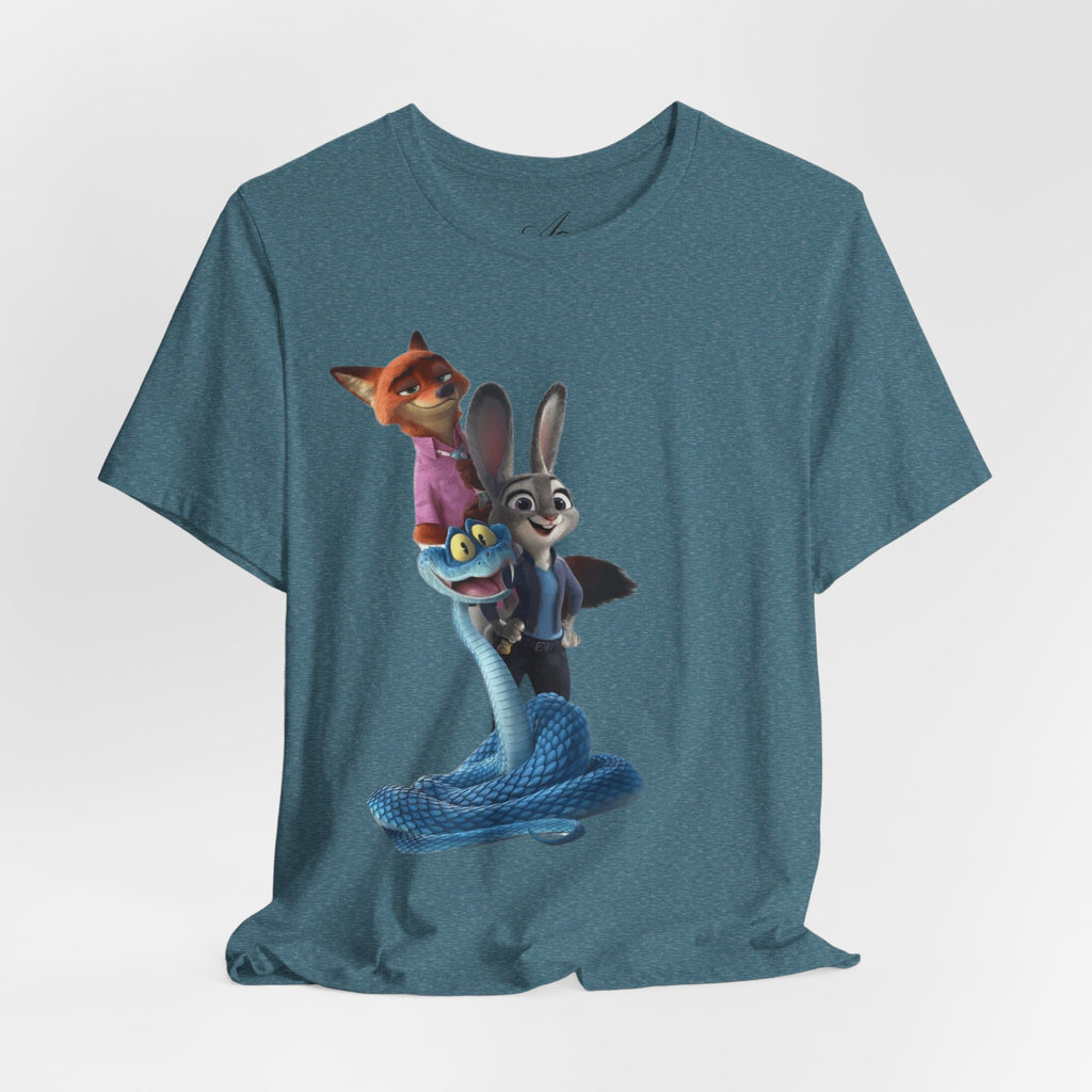 Animated Character Tee — Cute Fox & Bunny Stack Graphic T-Shirt  cartoon-style Christmas artwork