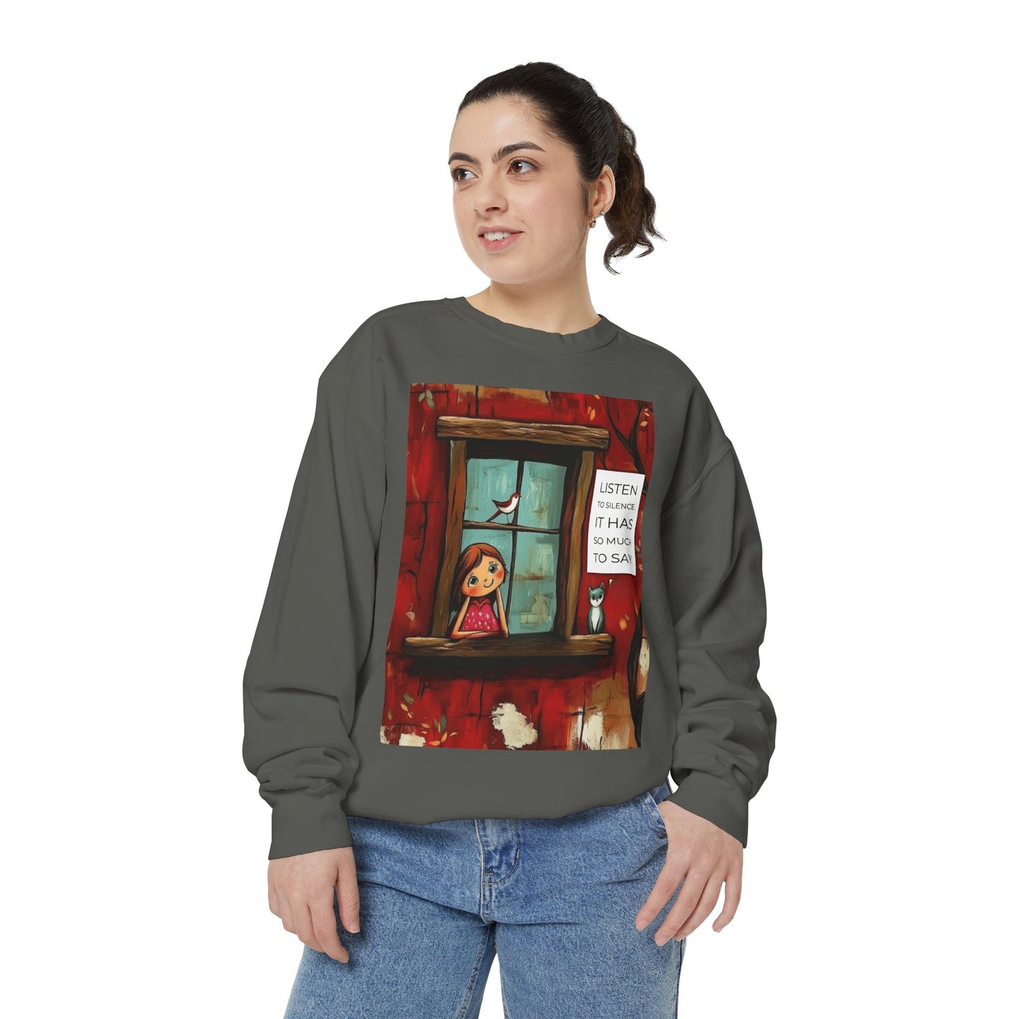 Cozy Window Scene Sweatshirt  "Listen, It Has So Much to Say" Graphic