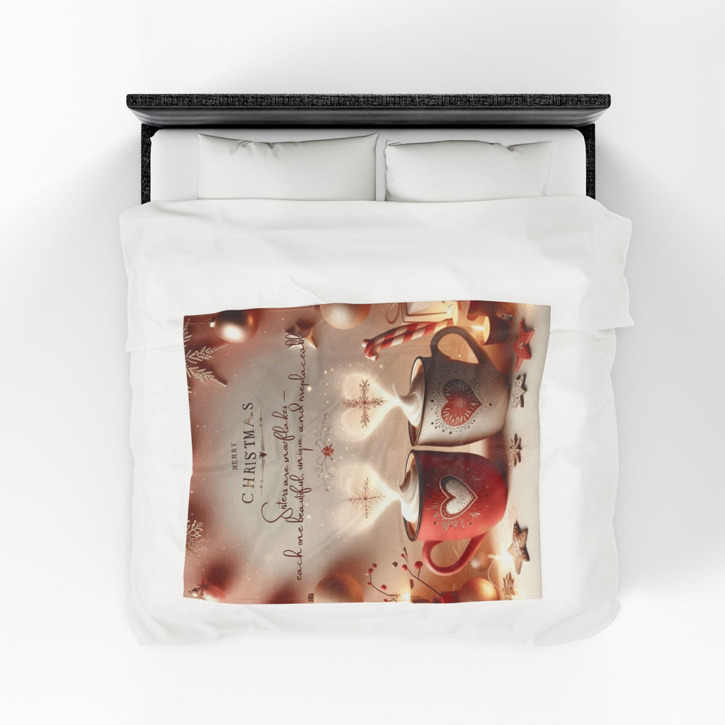 Christmas Hot Cocoa Velveteen Plush Blanket — "Merry Christmas: Sisters are snowflakes" Holiday Throw