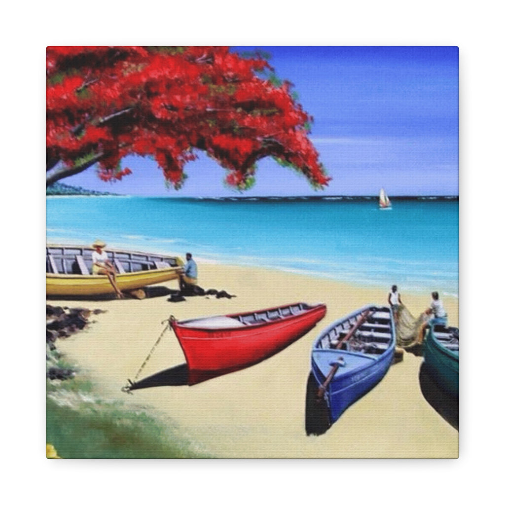Beach Canoes Canvas Wall Art Tropical Seaside Landscape Matte Stretched Canvas