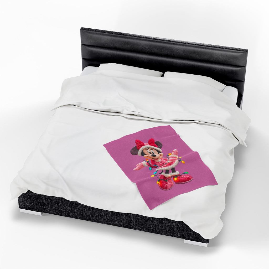 Magical Christmas Cartoon Blanket Plush Holiday Blanket  Festive Minnie Mouse with Christmas Lights