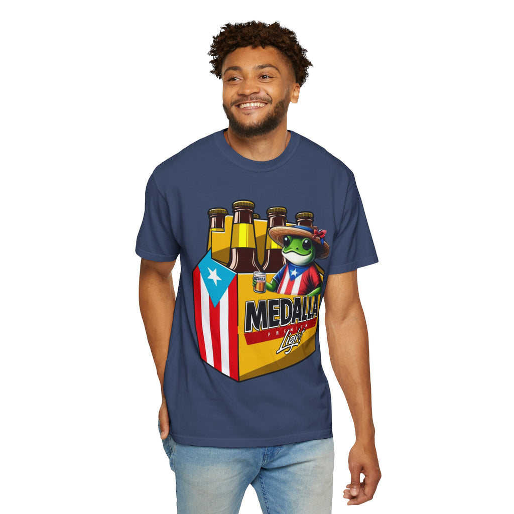 Medalla Light Puerto Rican Beer T-Shirt Coqui Frog Mascot Six-Pack Graphic Tee Puerto Rico’s Navidades