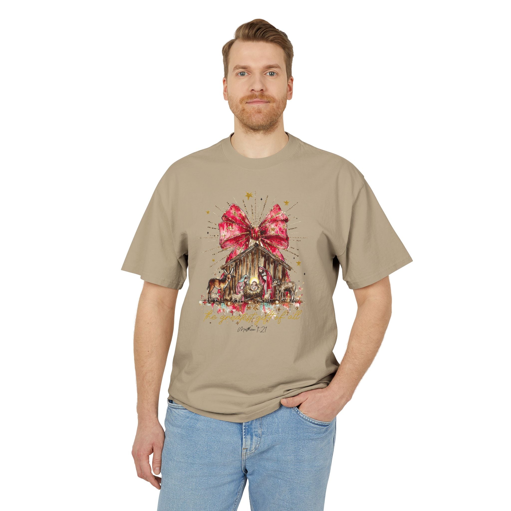 Christmas Nativity Tee  Rustic Manger with Red Bow Holiday T‑Shirt Christmas T-shirts and sweaters
