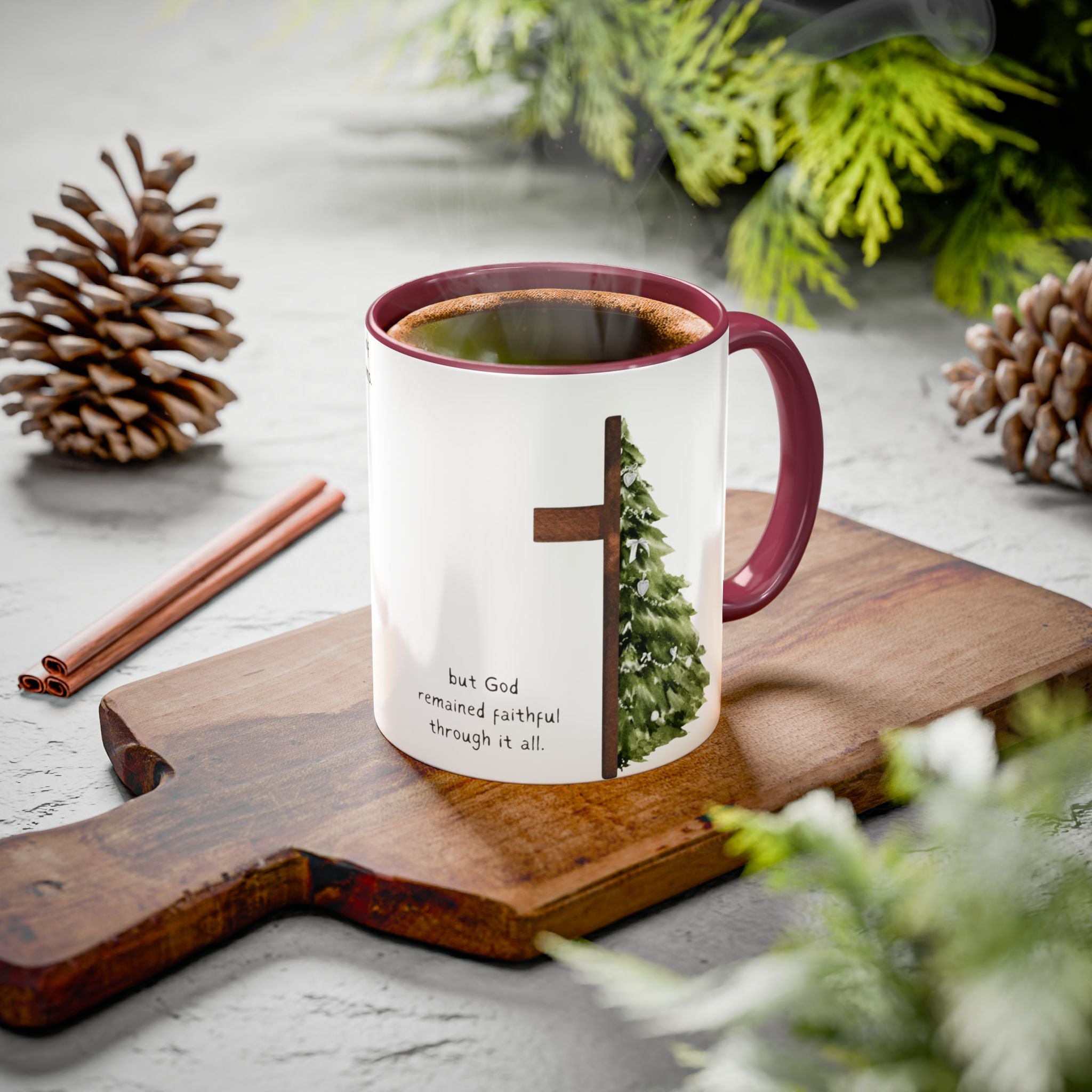 Christian Cross & Pine Tree Mug — Faith Reminder Coffee Cup (11oz/15oz)