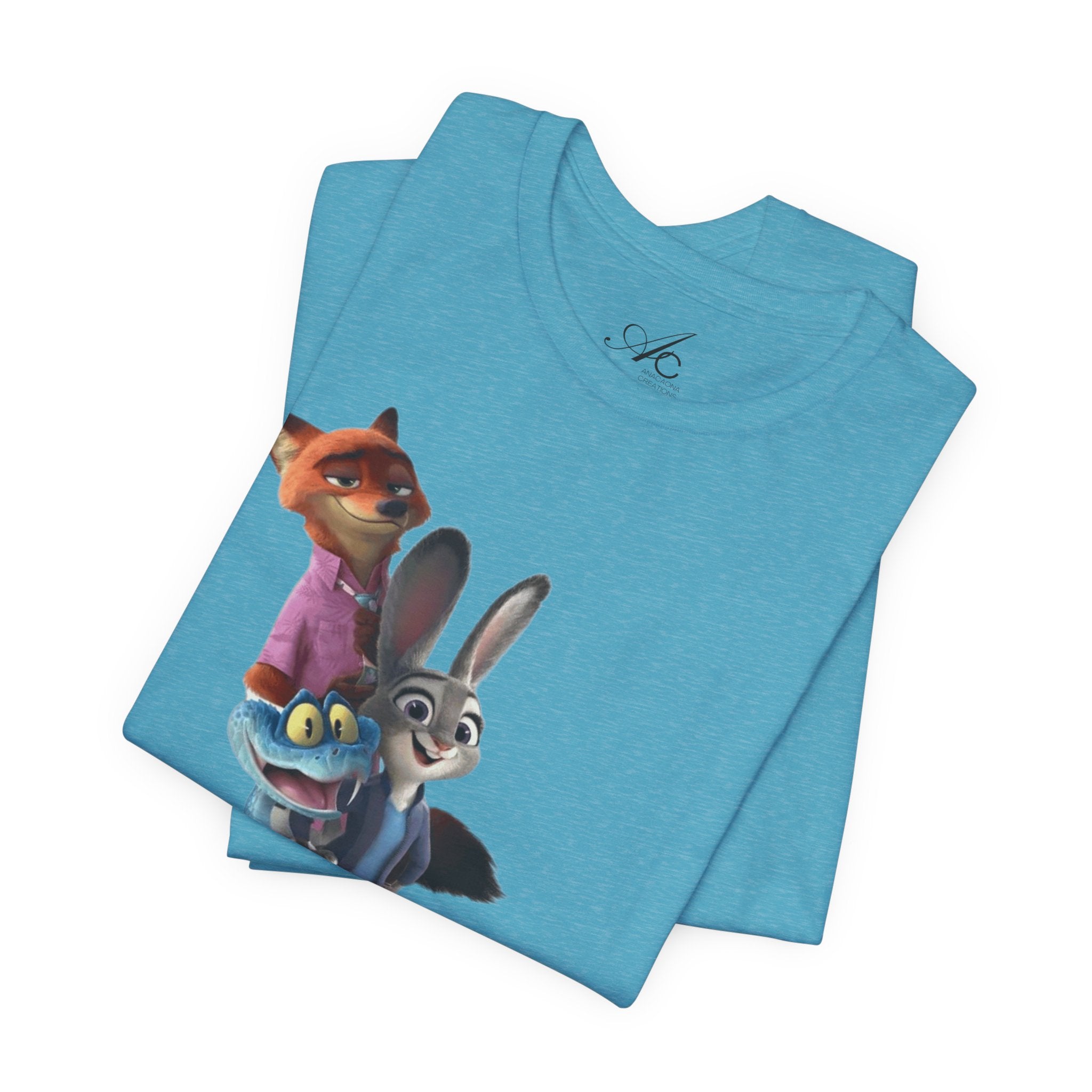 Animated Character Tee — Cute Fox & Bunny Stack Graphic T-Shirt  cartoon-style Christmas artwork
