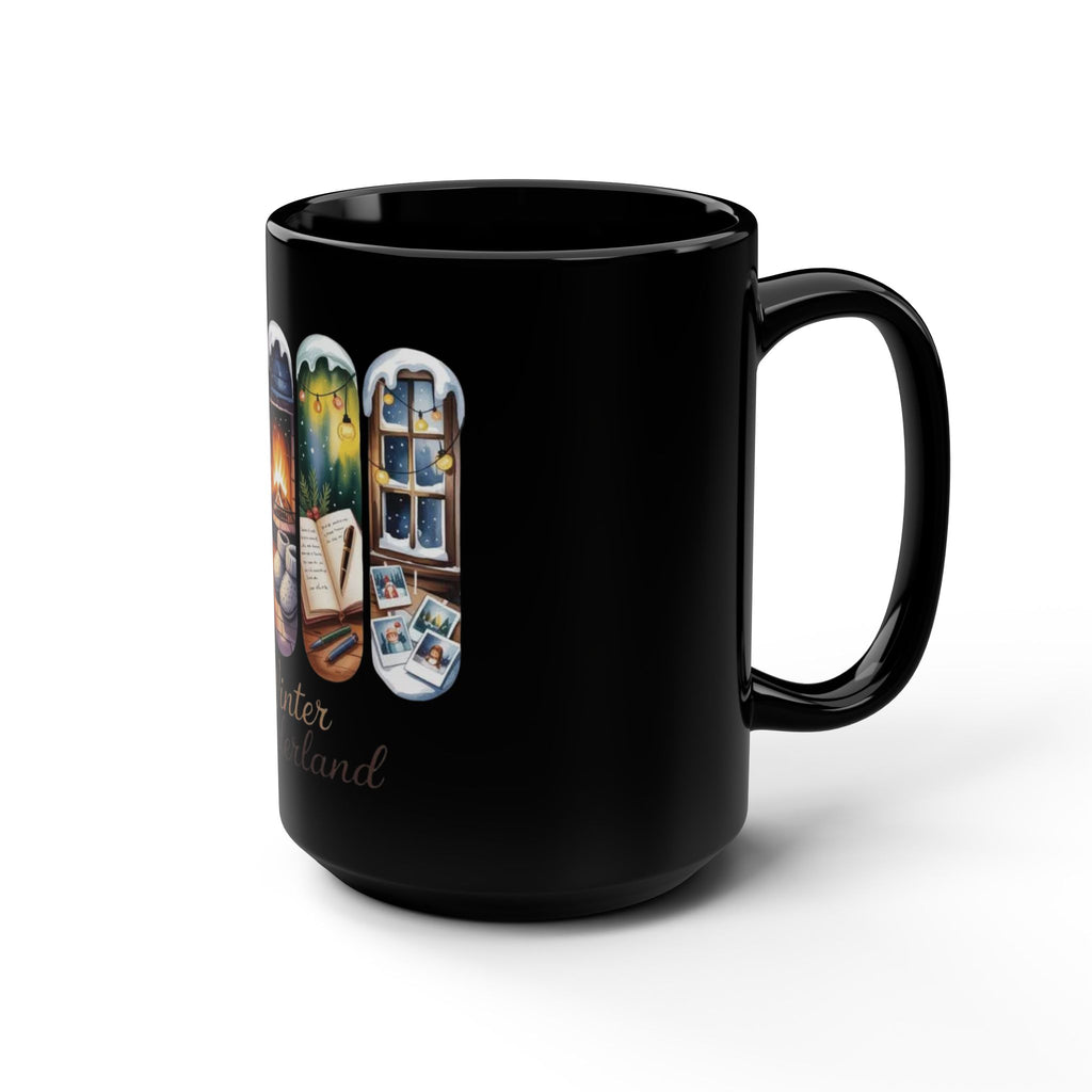 Winter Wonderland 15oz Black Mug — Cozy Fireplace & Reading Scene