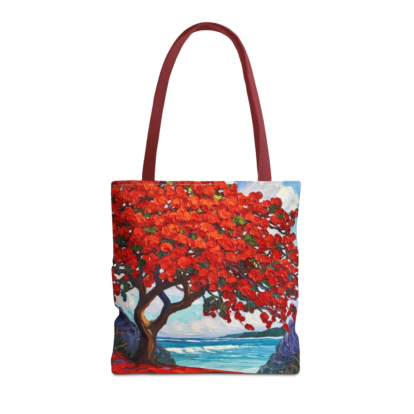 Red Blossom Beach Tote - Tropical Tree Art All-Over Print Tote Bag Crochet-Decorated Tote Bags