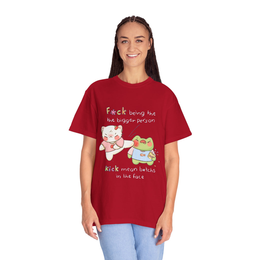 Graphic T-Shirt  Cute Kicking Cat & Frog with 'F*ck Being The Bigger Person' Slogan