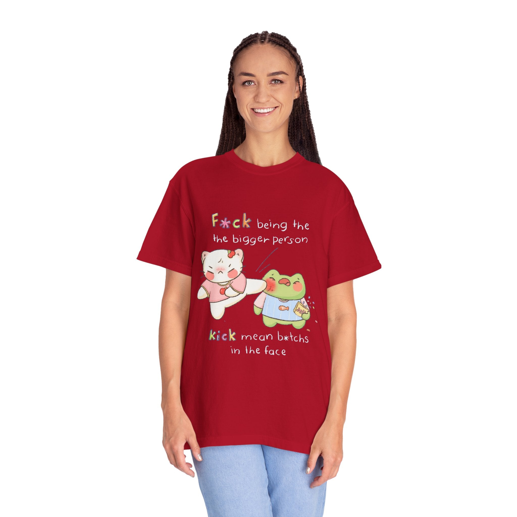 Graphic T-Shirt  Cute Kicking Cat & Frog with 'F*ck Being The Bigger Person' Slogan