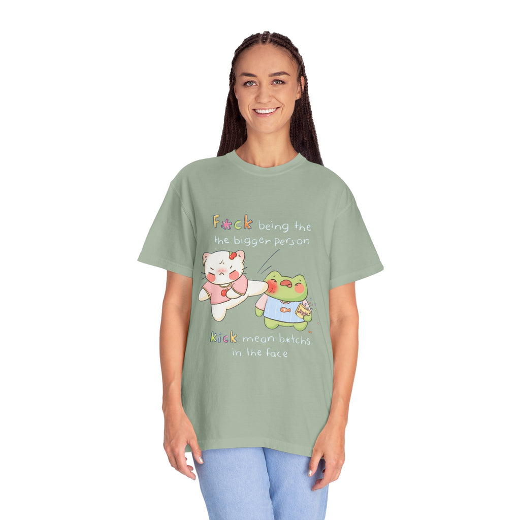 Graphic T-Shirt  Cute Kicking Cat & Frog with 'F*ck Being The Bigger Person' Slogan