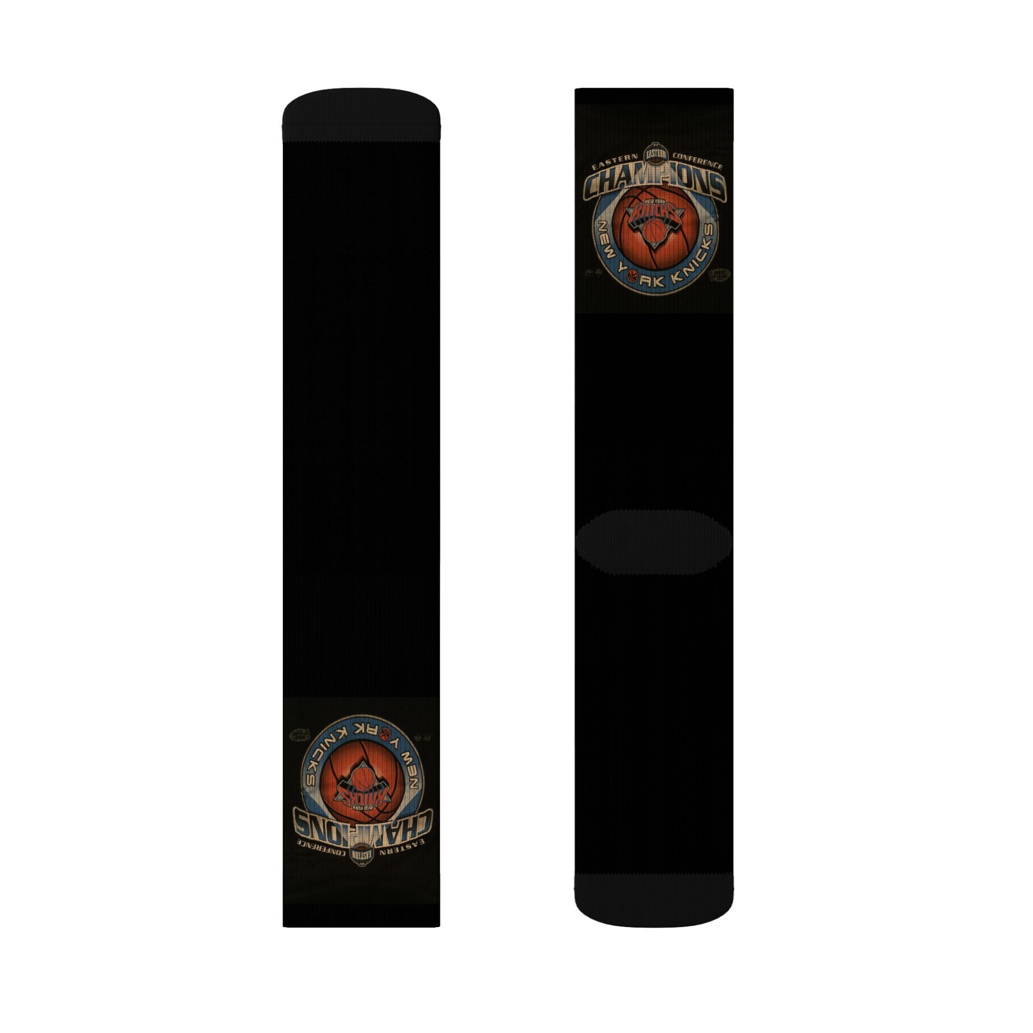 NY*K Basketball Black Sublimation Crew Socks with Vintage Motorcycle Badge Design