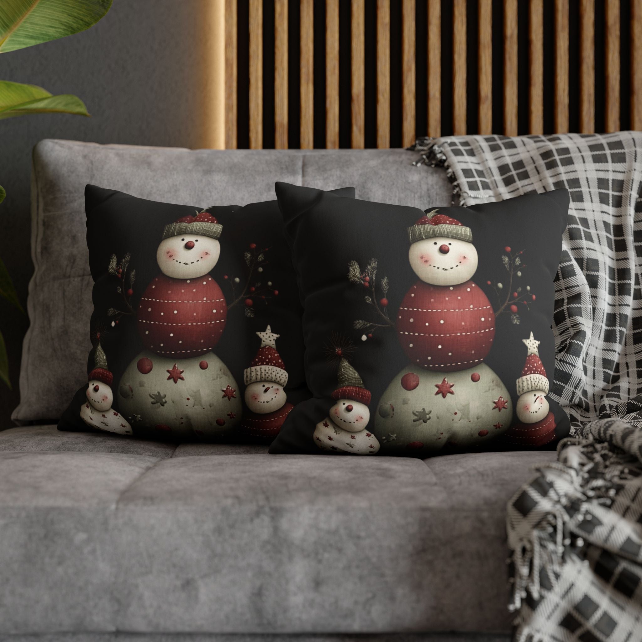 Christmas Snowman Faux Suede Pillowcase – Cute Stacked Snowmen Holiday Decor CHRISTMAS PILLOW DÉCOR