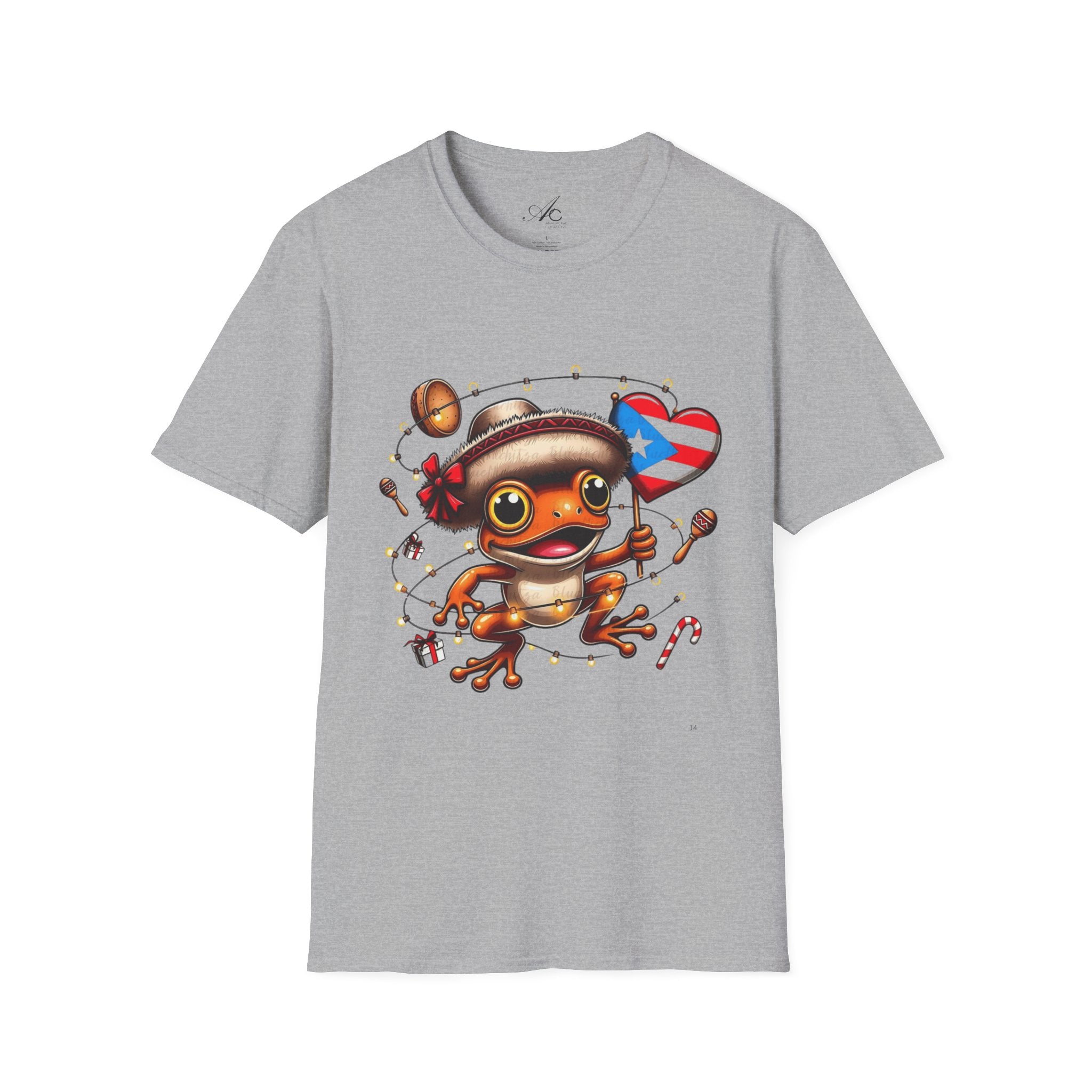 Puerto Rico Frog Holiday T-Shirt  Cute Coquí with Flag Heart (Christmas) Puerto Rico Navidades