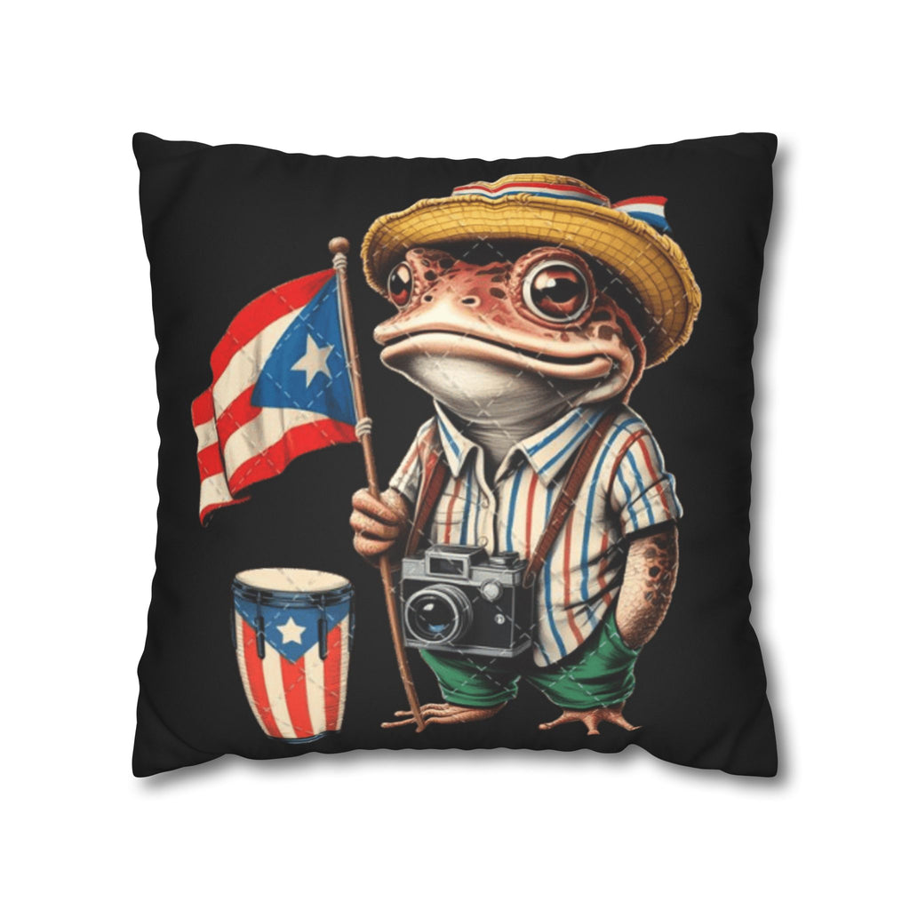 Puerto Rican Flag Frog Faux Suede Pillowcase  Tourist Toad Camera Design Puerto Rico Culture Pillow
