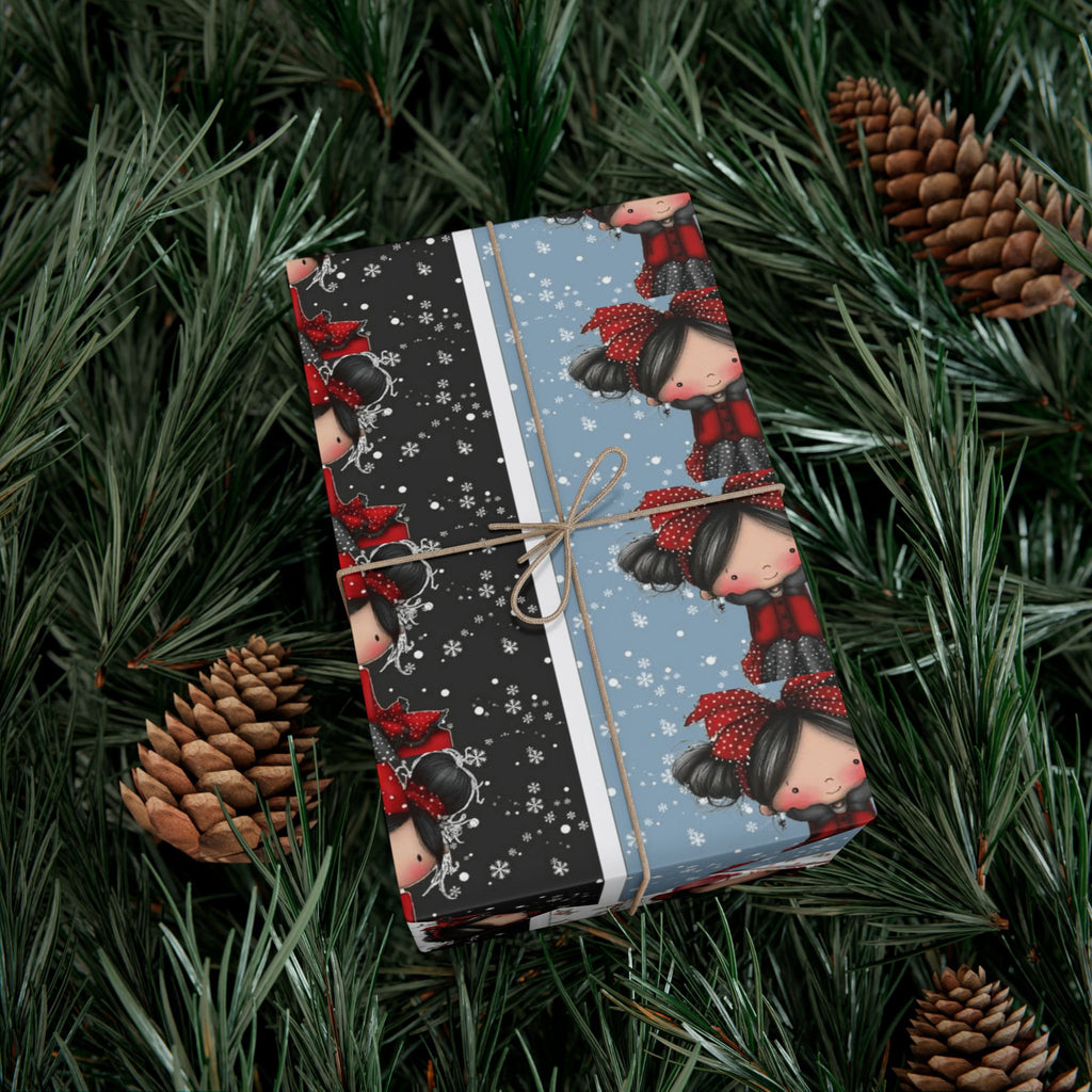 Festive Wrapping Paper Gift Wrap Papers - Cute Holiday Girl Patterned Wrapping Paper Rolls (Snow, Red Bows)