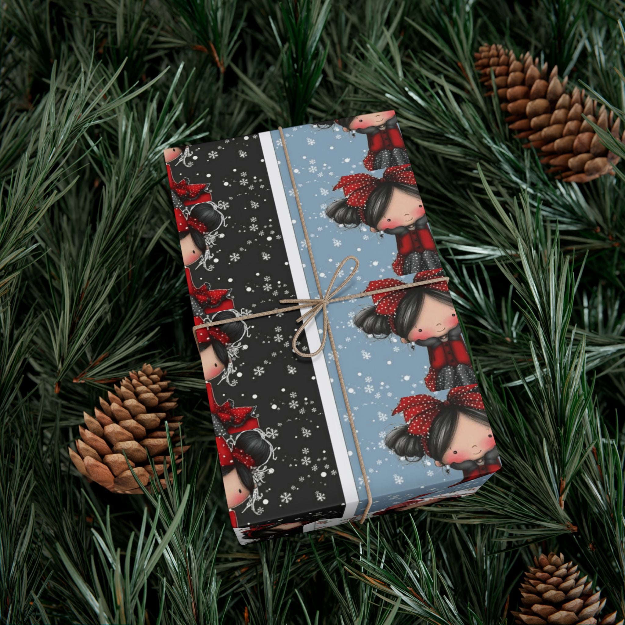 Festive Wrapping Paper Gift Wrap Papers - Cute Holiday Girl Patterned Wrapping Paper Rolls (Snow, Red Bows)