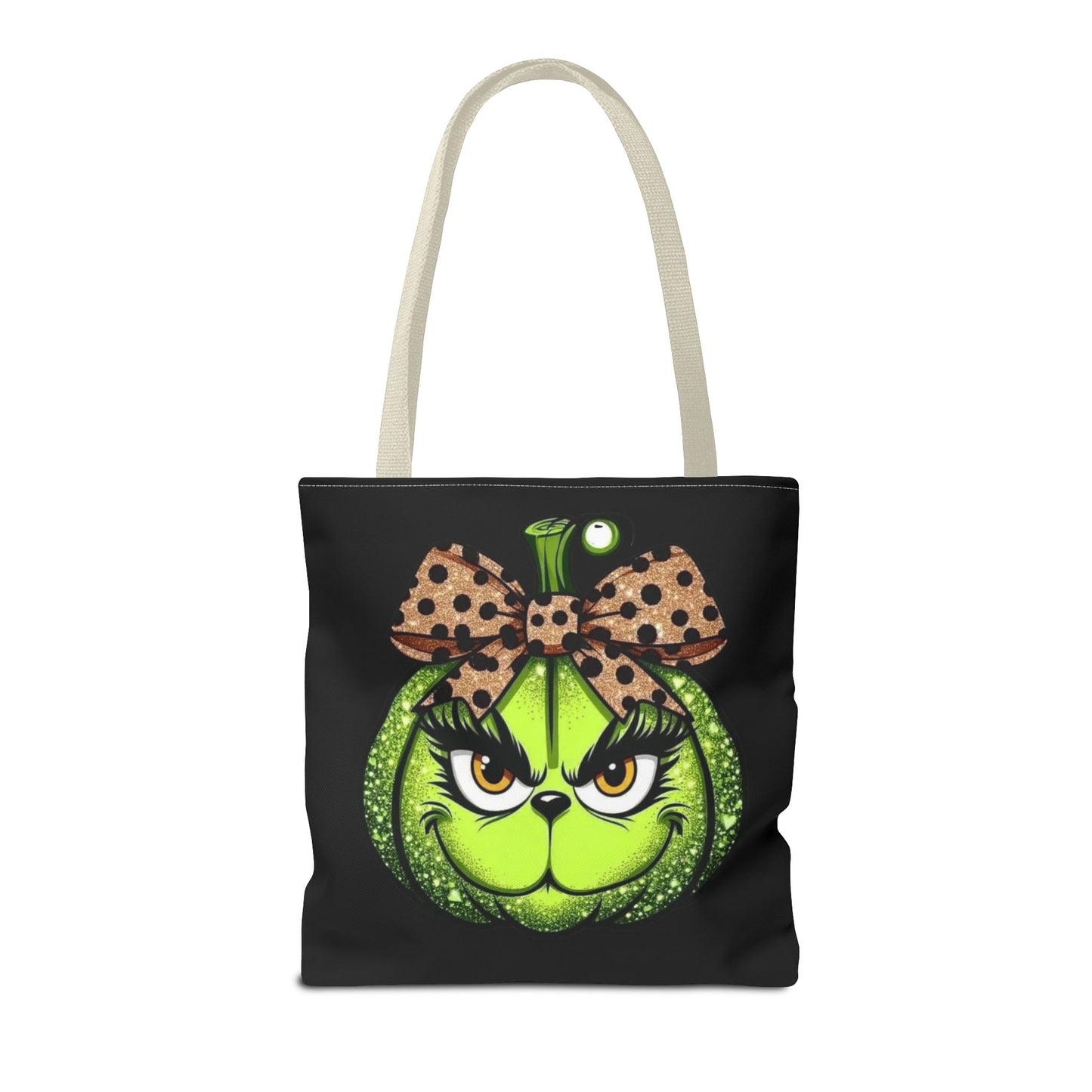 Grinch-Inspired Tote Bag with Polka Dot Bow Christmas Tote Bag Festive Holiday Design