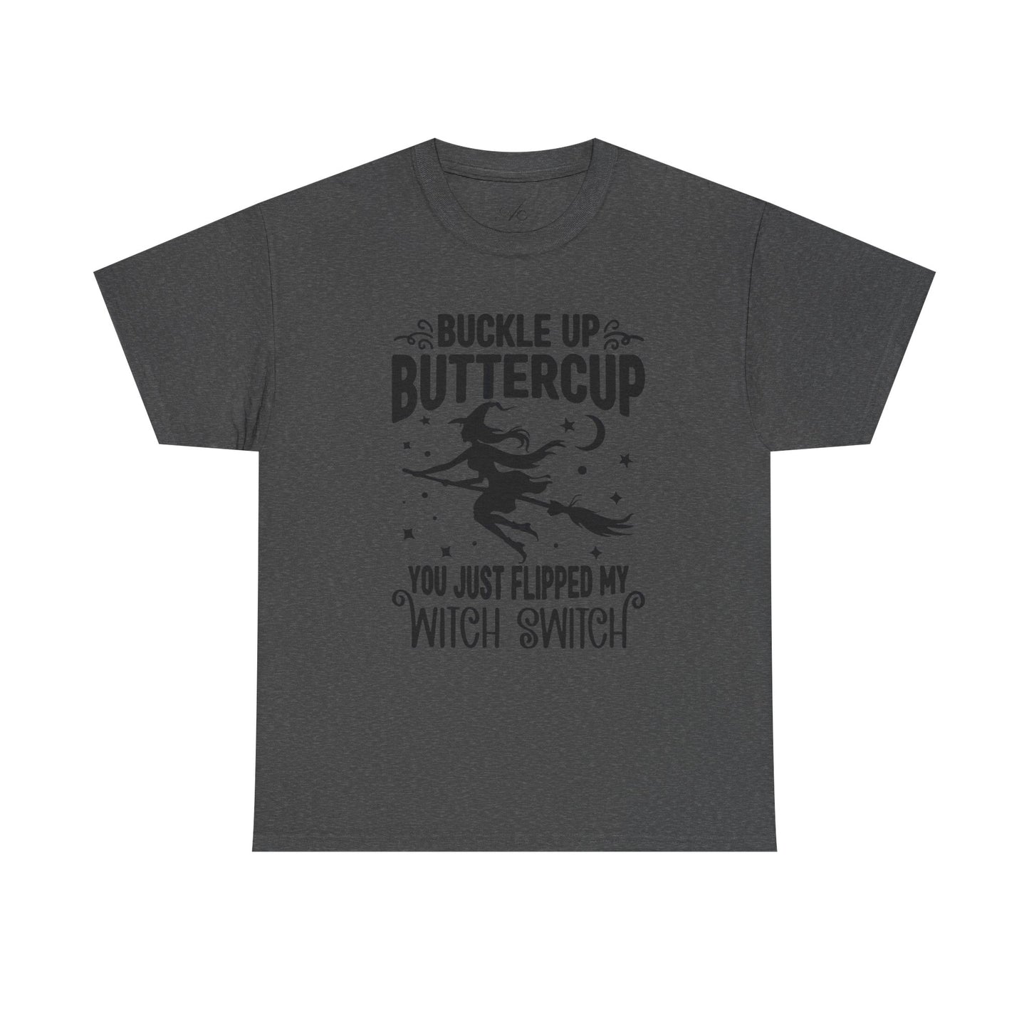 Witchy Humor Tee - Buckle Up Buttercup, Unisex Heavy Cotton Tee, Halloween Shirt, Casual Wear, Gift for Her, Funny T-Shirt