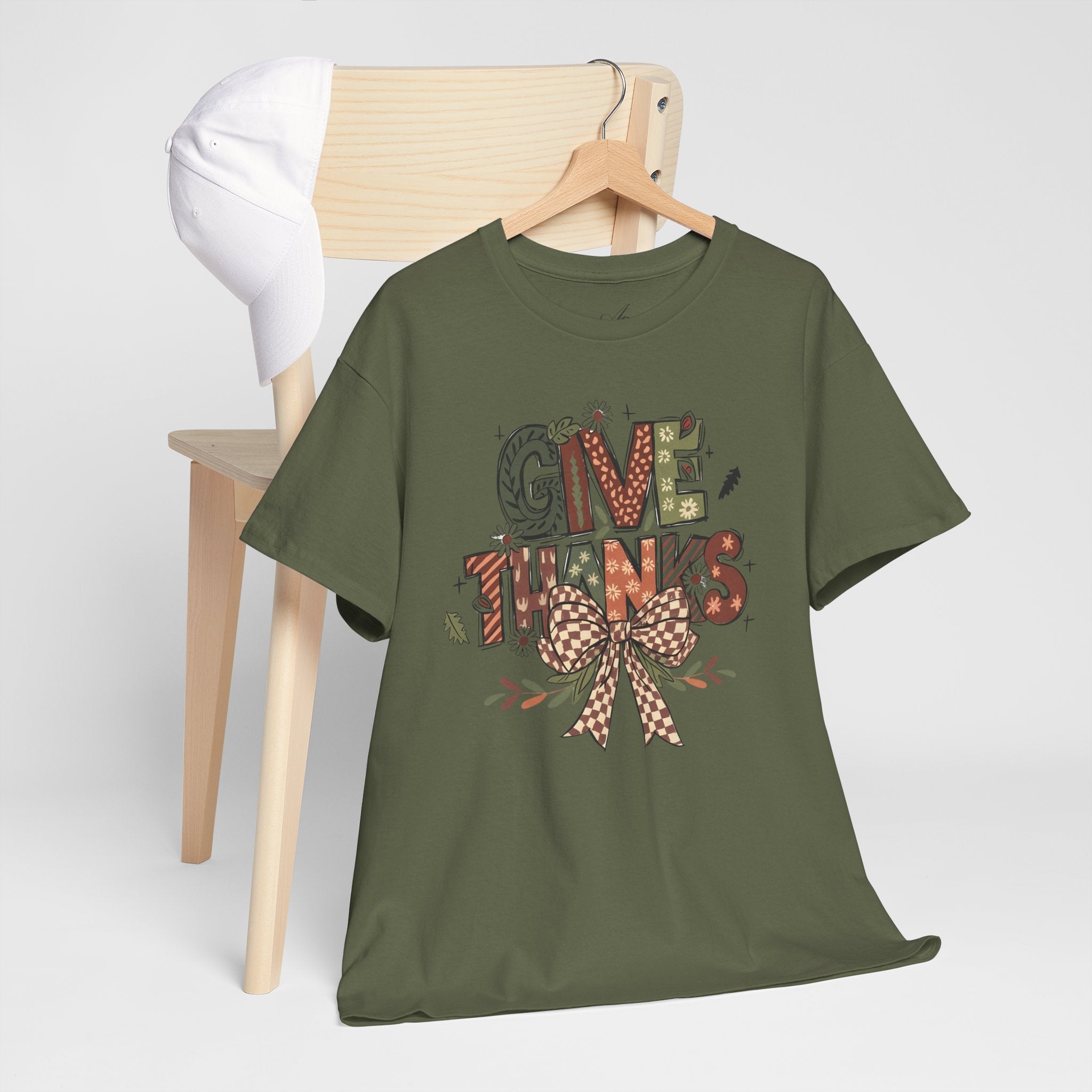 Give Thanks Tee Thanksgiving Graphic T-Shirt with Rustic Bow Design