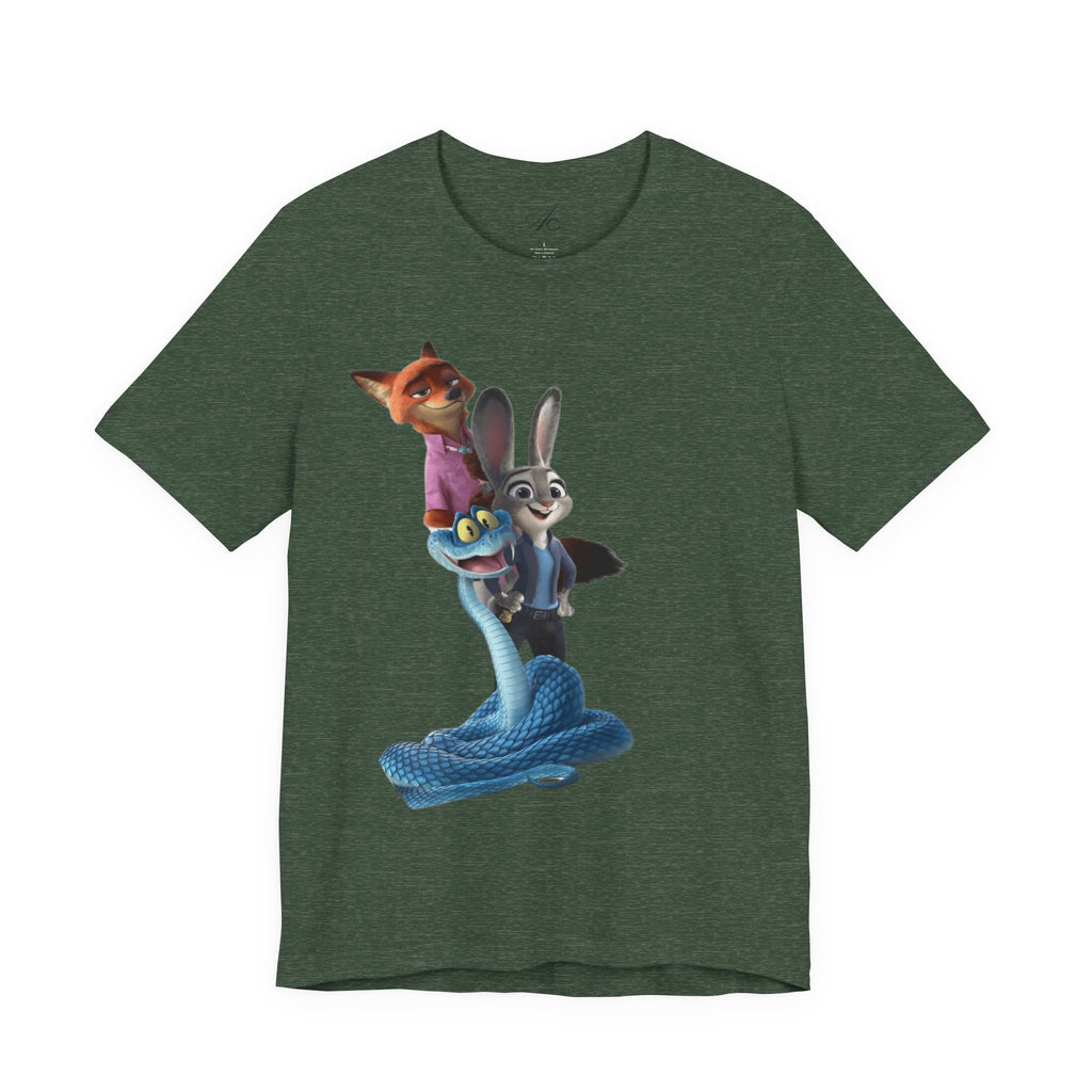 Animated Character Tee — Cute Fox & Bunny Stack Graphic T-Shirt  cartoon-style Christmas artwork