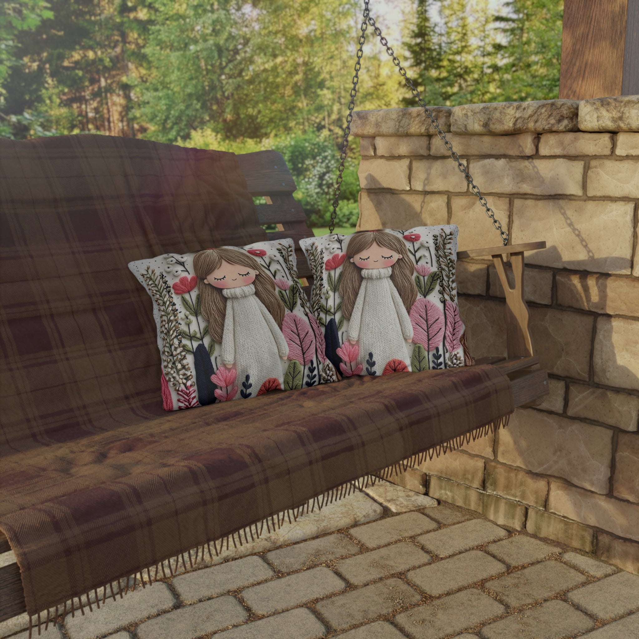 Cute Girl Floral Outdoor Pillow — Whimsical Garden Accent Cushion