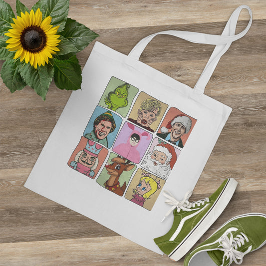 Holiday Movie Character Tote Bag  Retro Christmas Icons Grid Christmas Tote Bag  Boricua Bento