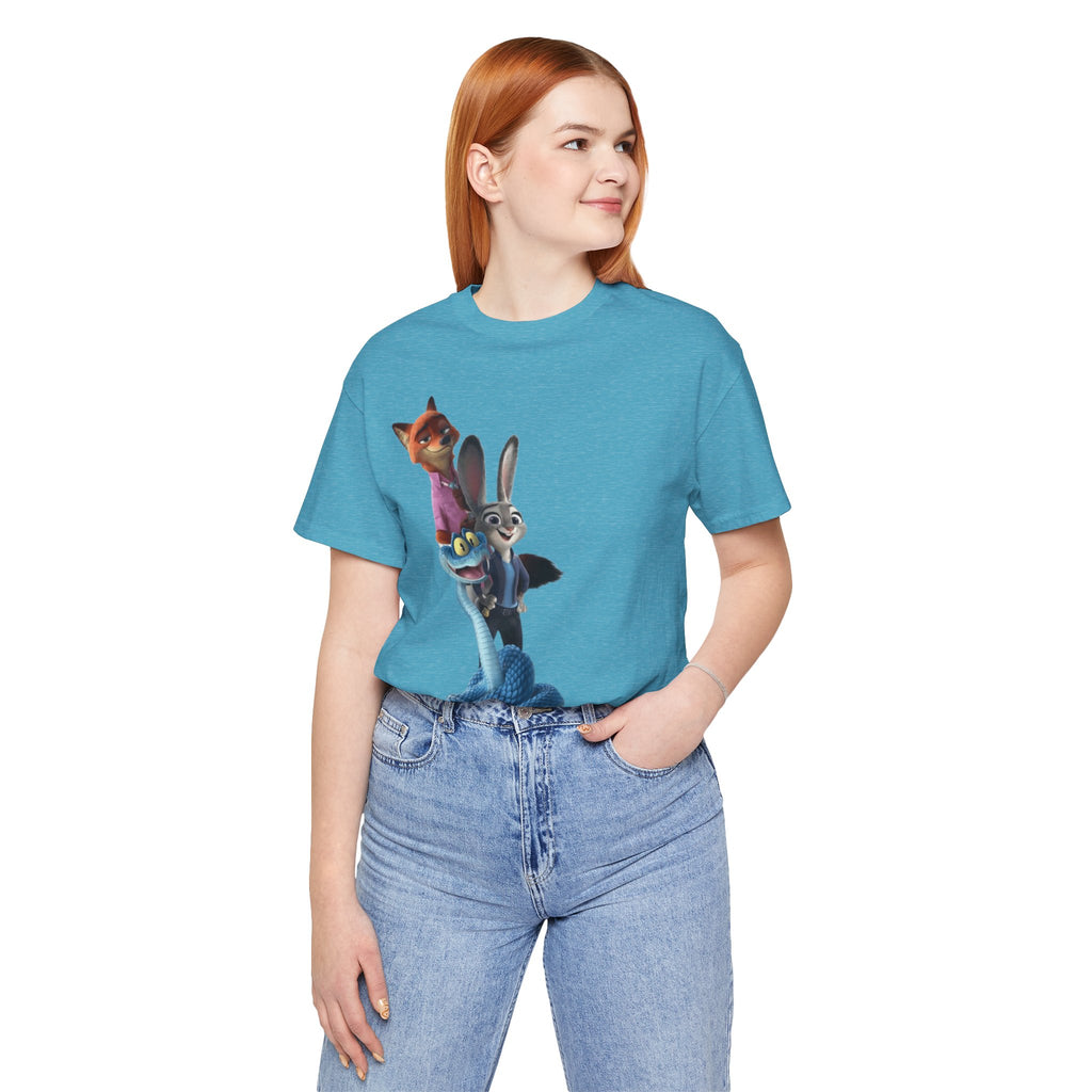 Animated Character Tee — Cute Fox & Bunny Stack Graphic T-Shirt  cartoon-style Christmas artwork