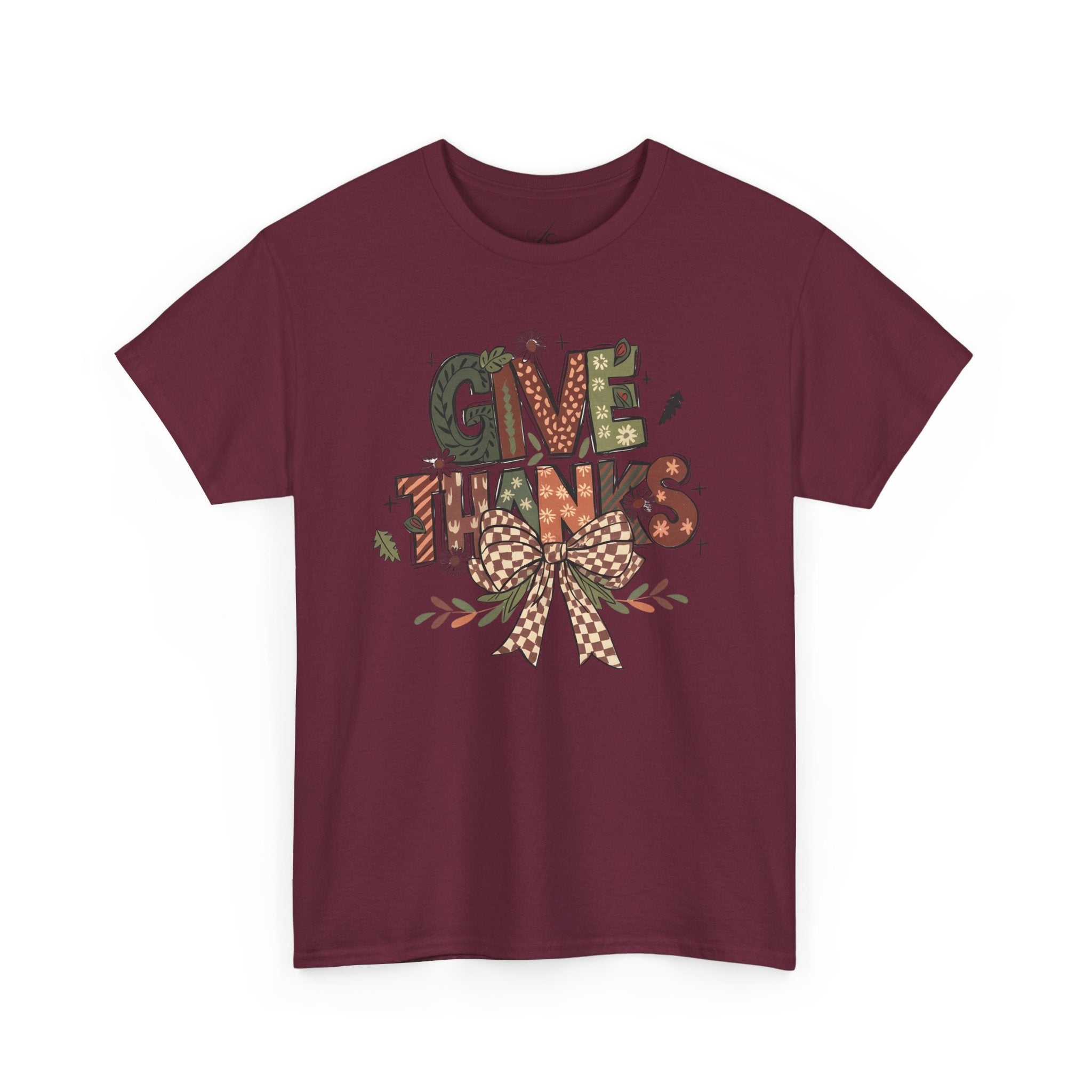 Give Thanks Tee Thanksgiving Graphic T-Shirt with Rustic Bow Design