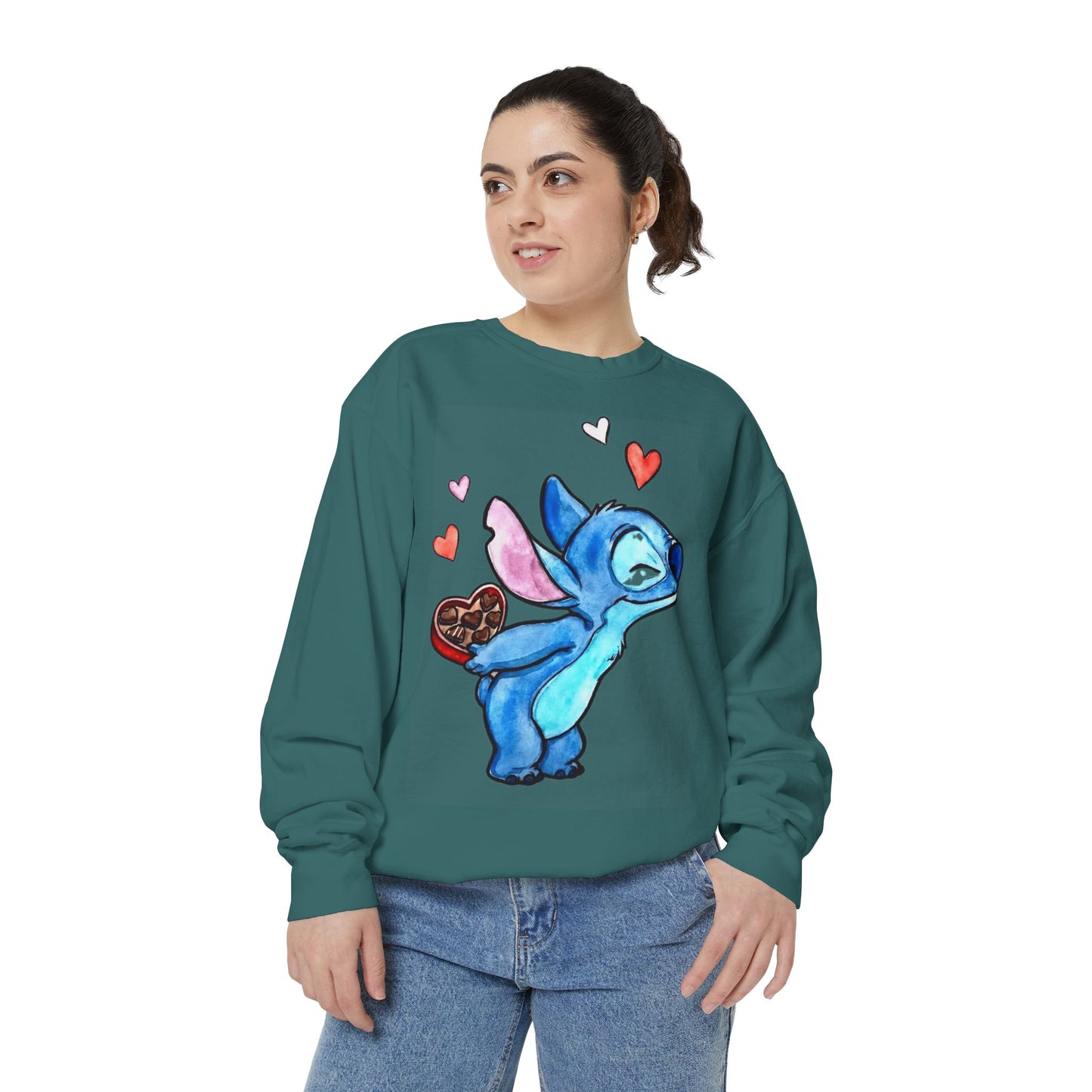 Stitch Valentine Sweatshirt — Cute Blue Alien with Hearts & Chocolate Pocket