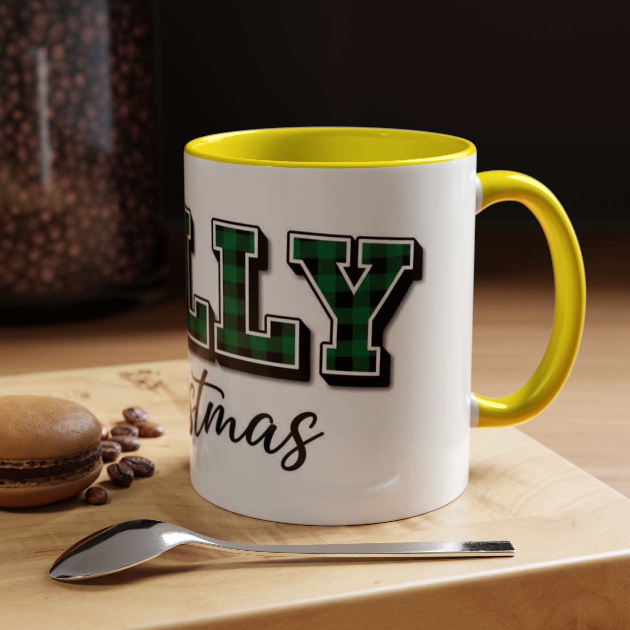 Holly Christmas Accent Coffee Mug — Green Plaid Holiday Gift (11/15oz)