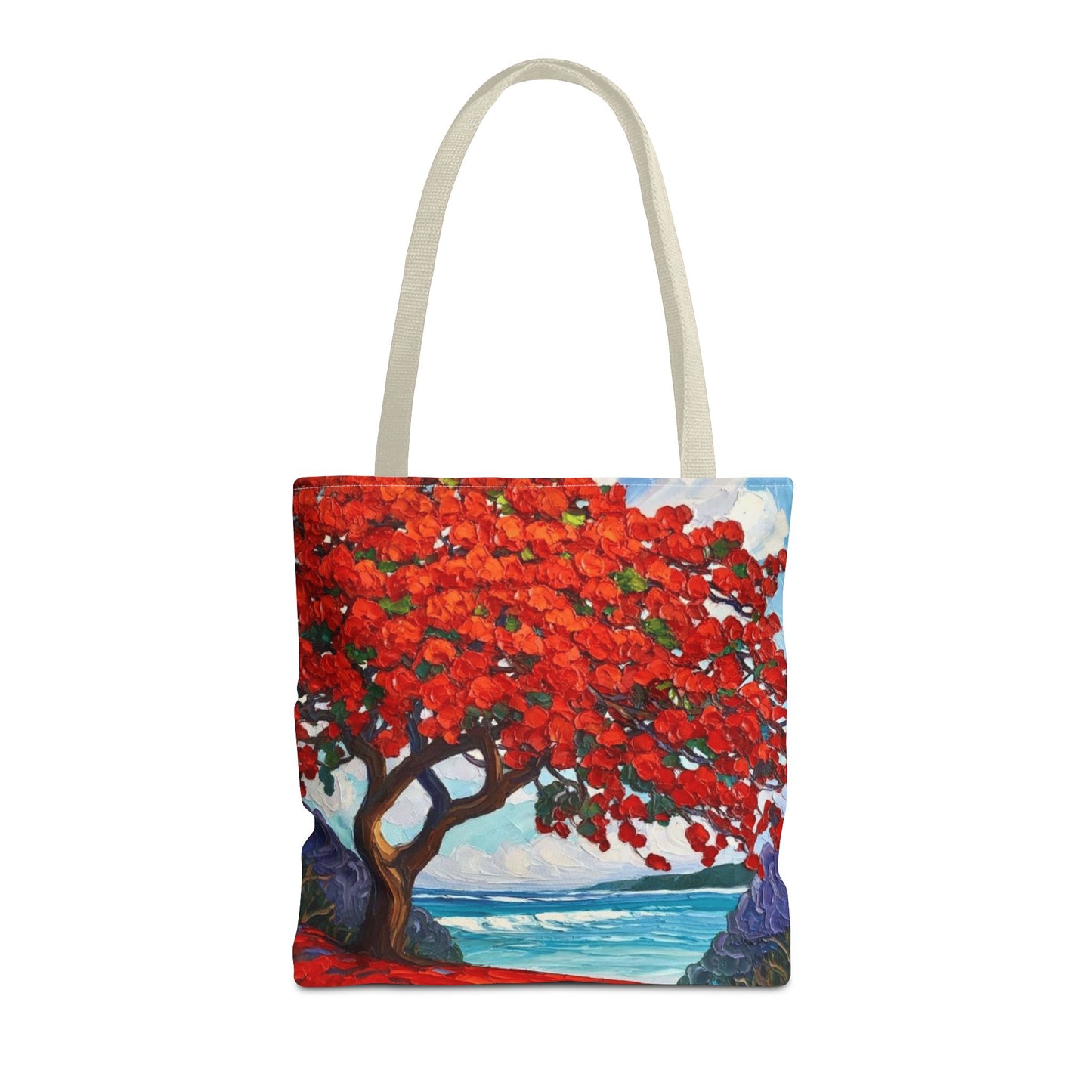 Red Blossom Beach Tote - Tropical Tree Art All-Over Print Tote Bag Crochet-Decorated Tote Bags