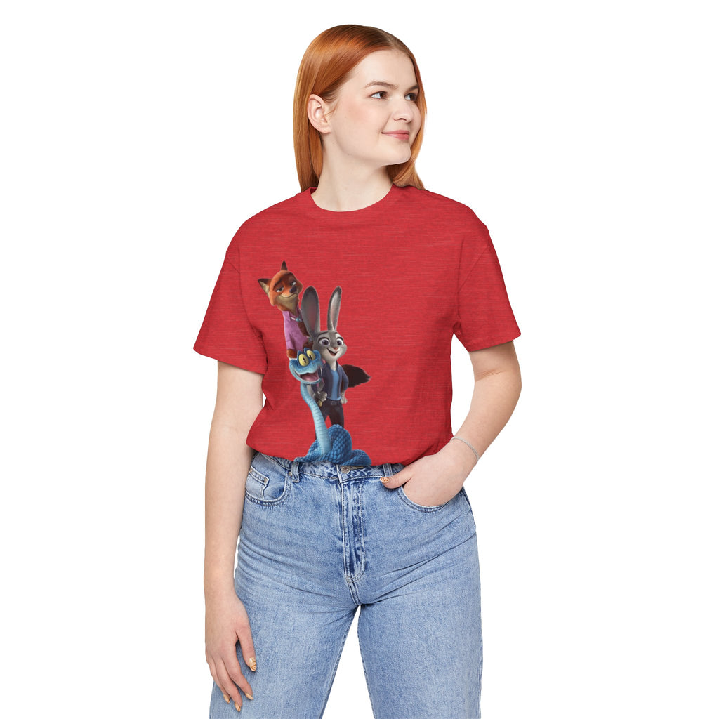 Animated Character Tee — Cute Fox & Bunny Stack Graphic T-Shirt  cartoon-style Christmas artwork