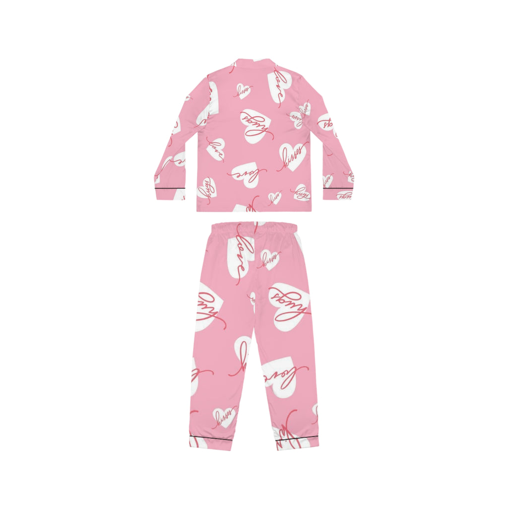 Pink Satin Pajama Set — Heart & 'Love' All-Over Print