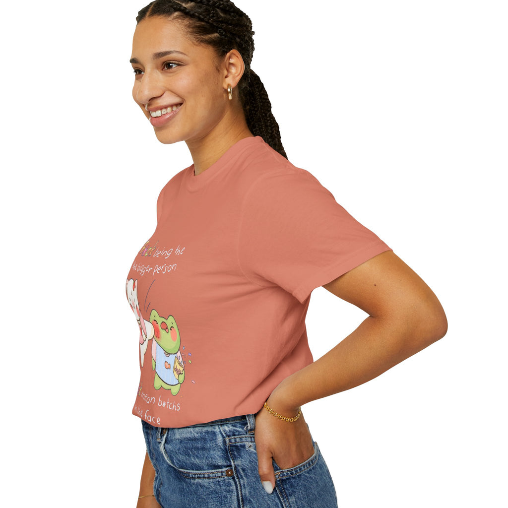 Graphic T-Shirt  Cute Kicking Cat & Frog with 'F*ck Being The Bigger Person' Slogan