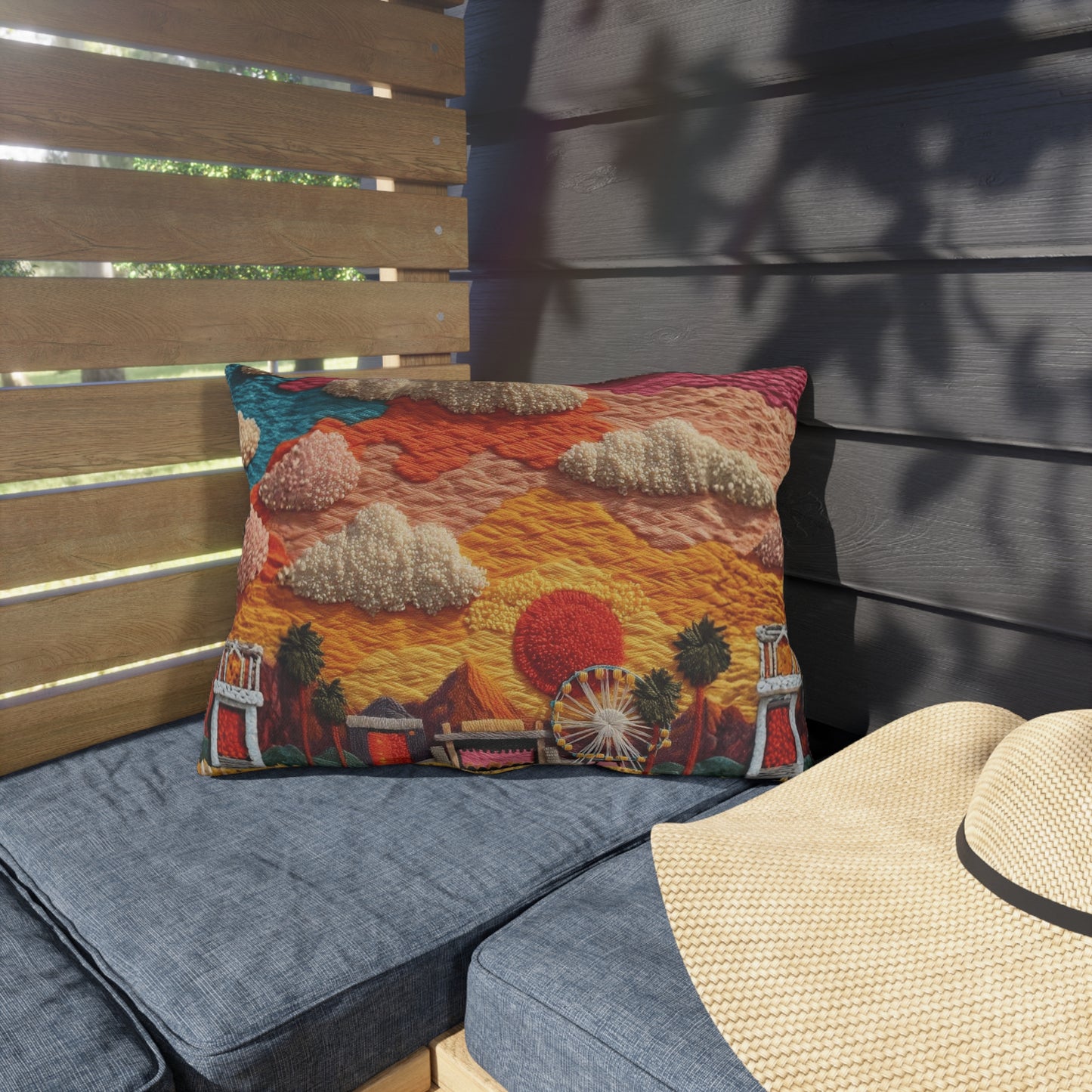 Retro Festival Outdoor Pillow — Sunset Carnival Embroidered Design