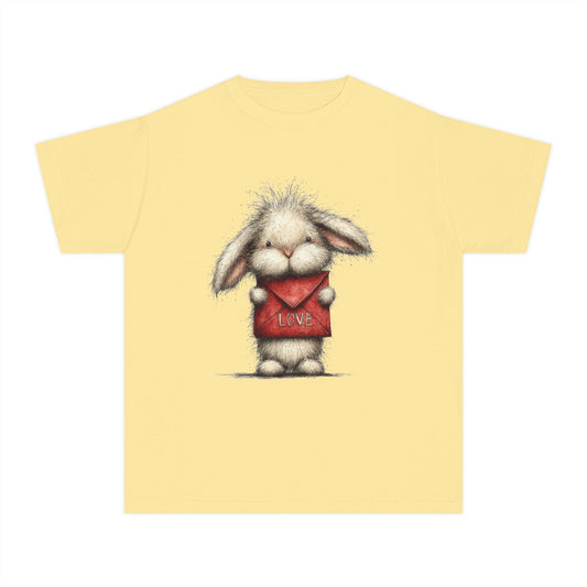 Kids Tee  Cute Bunny Holding "Love" Heart Graphic (Youth Midweight)