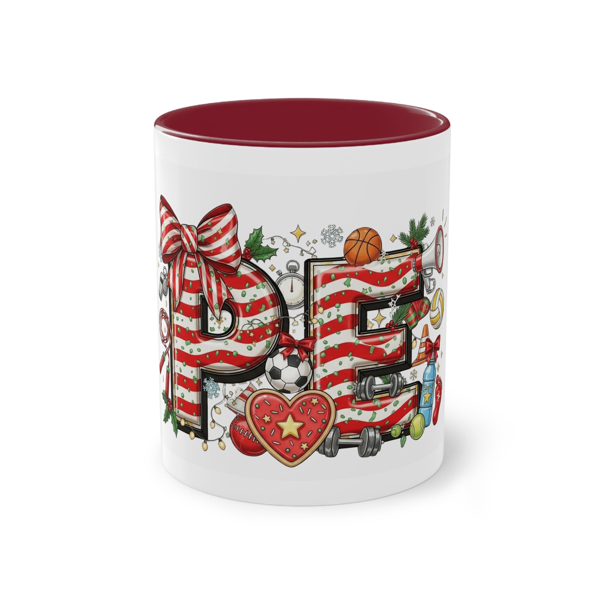 Holiday Sports Mom Coffee Mug Festive 'PE' Candy-Stripe Design, 11oz Two-Tone School Staff Christmas Mug Collection,