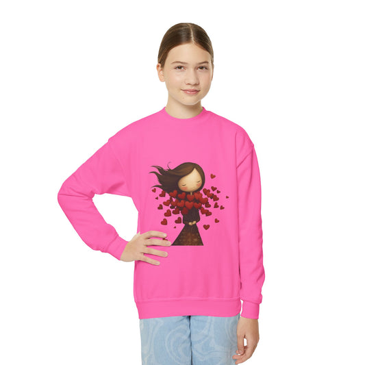 Youth Sweatshirt  Cute Girl with Heart Shower "Love Bug" Crewneck