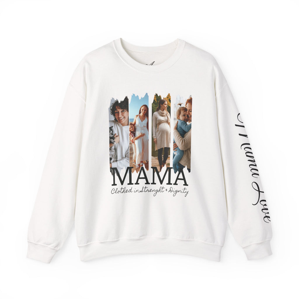 Mama Photo Collage Sweatshirt — "MAMA: clothed in strength & dignity" Sleeve Script