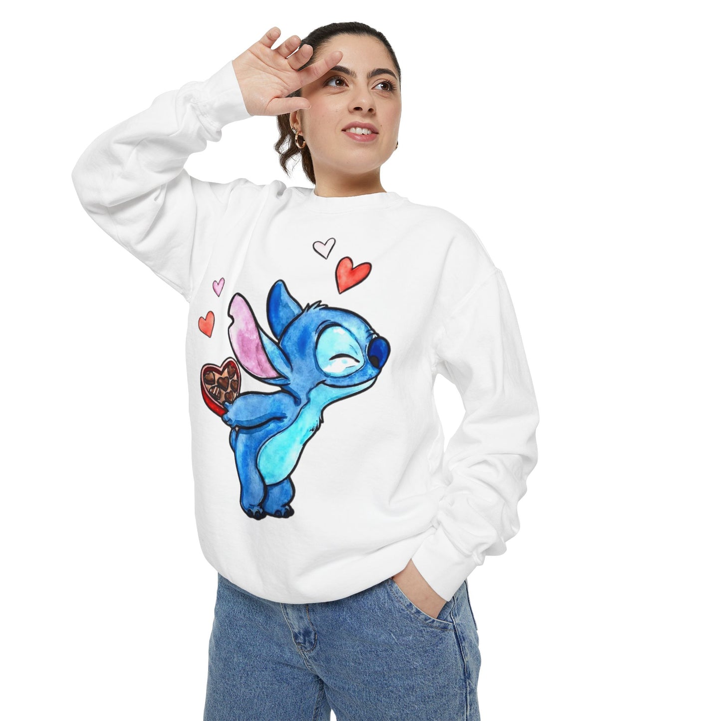 Stitch Valentine Sweatshirt — Cute Blue Alien with Hearts & Chocolate Pocket